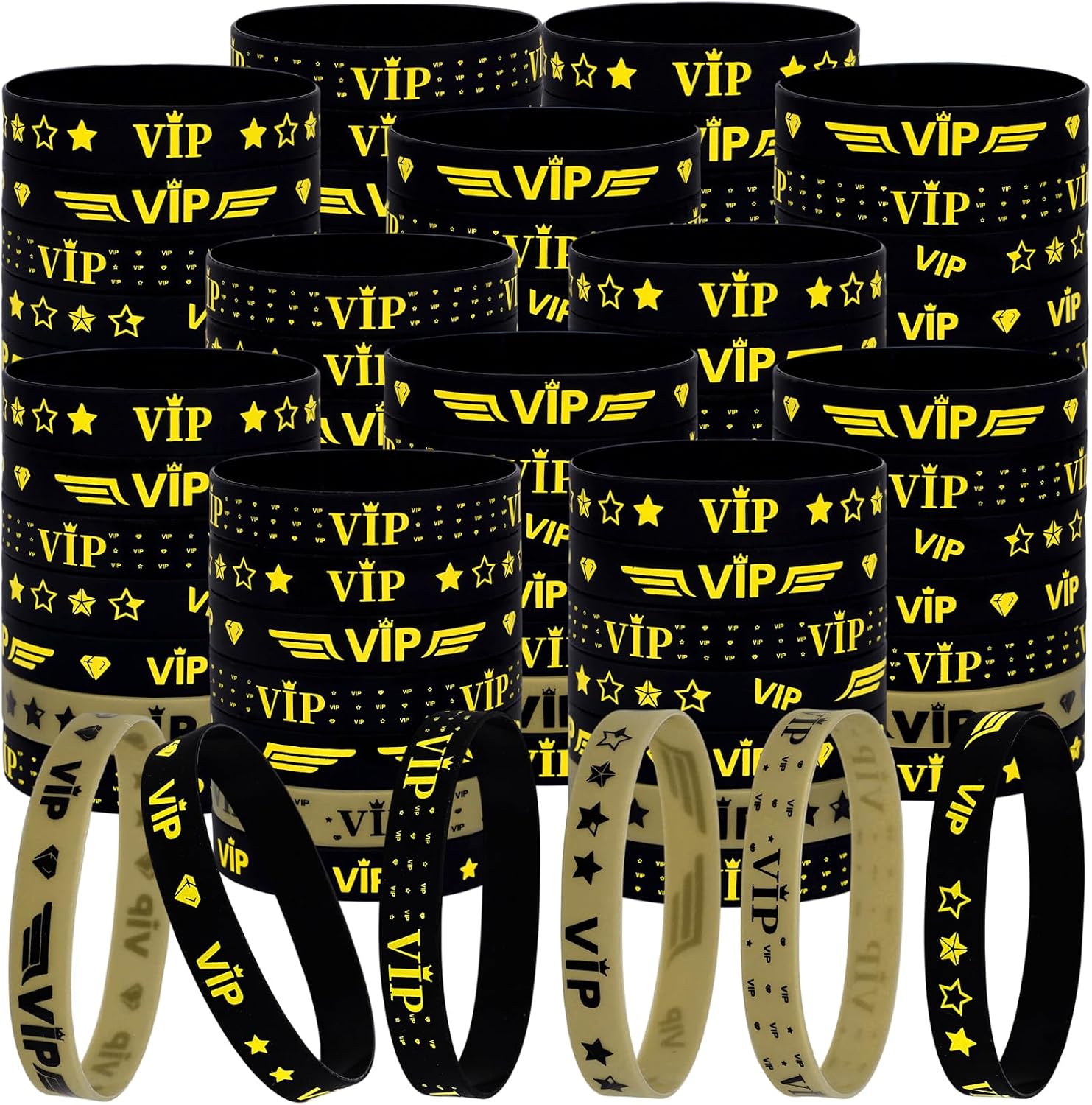 100pcs VIP Wristbands for Events – Black Gold Rubber Bracelets Bulk for Party, Sports, Access Control