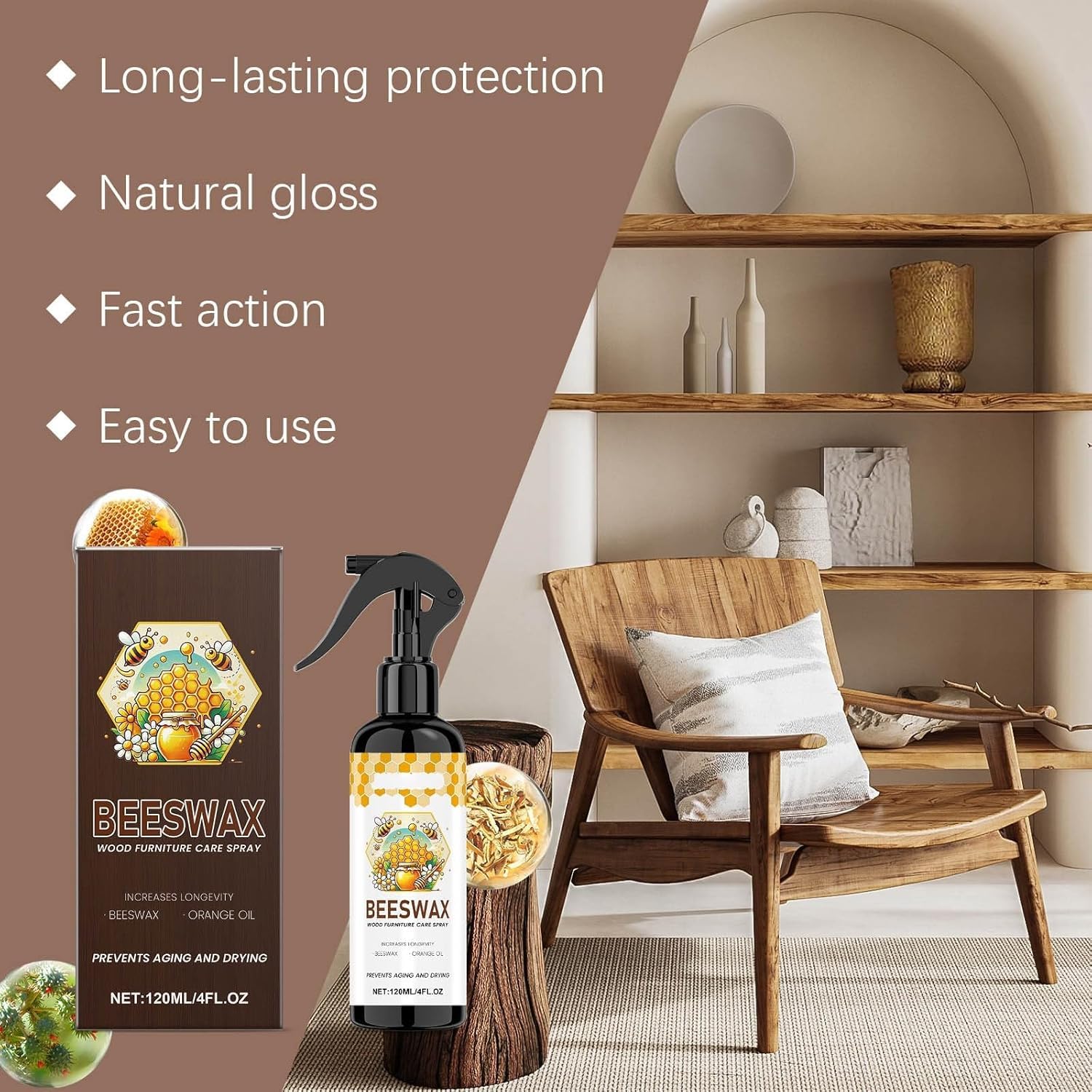 Mvsdiscv Natural Beeswax Spray, Beeswax Furniture Polish, Multipurpose Wood Floor Cleaner and Polish for Furniture, Floor, Tables 120ML