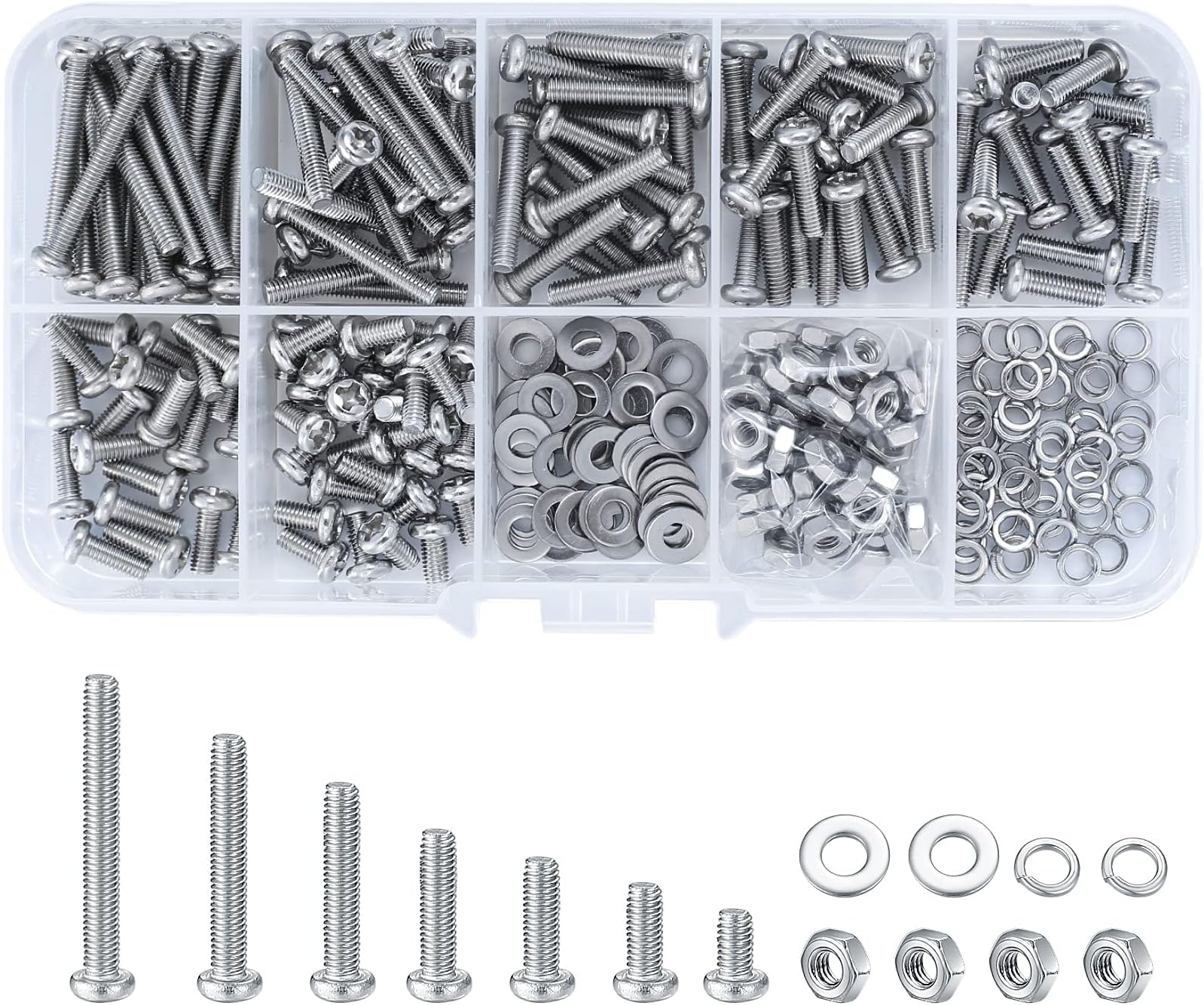 300 Pcs M3 Cross Pan Head Screws Nuts Bolts Washers Assortment Set