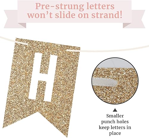 Miniatura 4 de Banner de feliz cumpleaños pre-encordado sin bricolaje pancarta de fiesta de cumpleaños con purpurina dorada guirnalda pre-encordada en hebras de 6