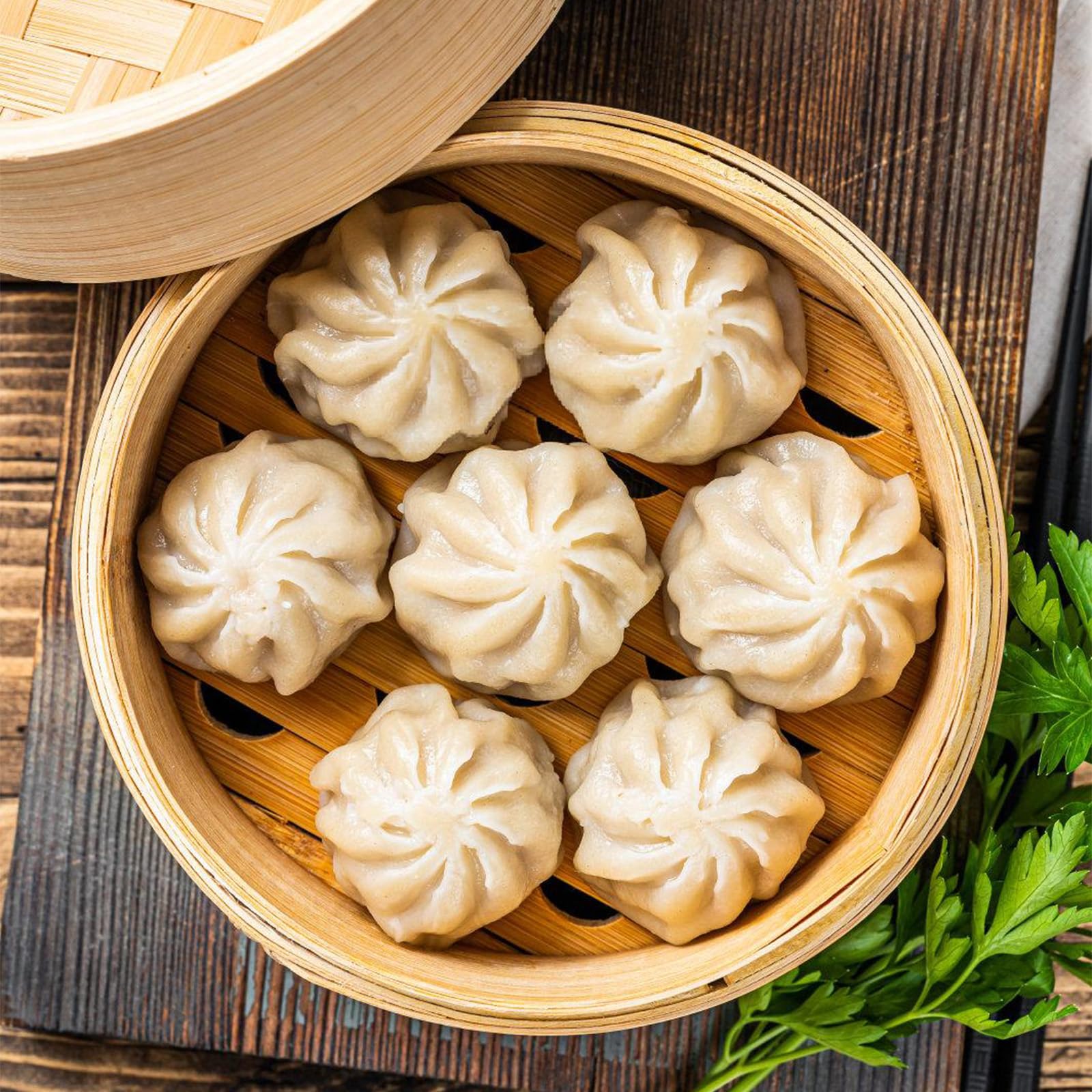 Cuocere a vapore in bambù, 21 cm, a 2 ripiani, in bambù intrecciato, versatile cestino a vapore asiatico, con 4 panni in cotone per riso, verdure, Dim Sum, Dumpling