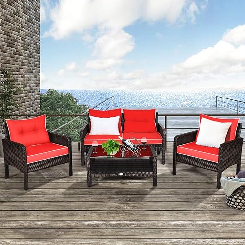 Miniatura 3 de COSTWAY Juego de muebles de patio de 4 piezas, sofá modular de mimbre con cojín, sofá biplaza, mesa de centro con vidrio templado y estante, juegos