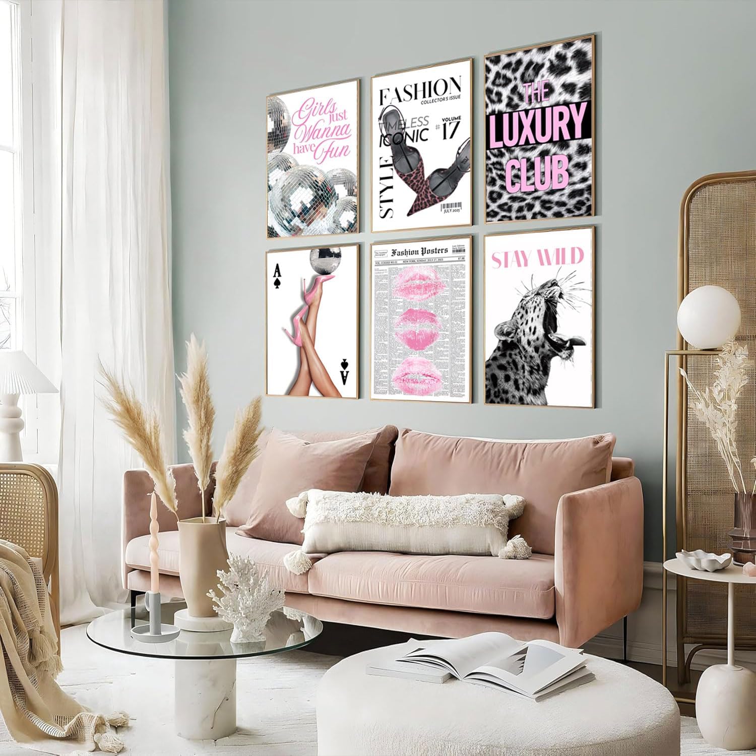 QRZYKKYD 6Pcs Trendy Leopard Wall Art Coquette and Preppy Posters Pink High Heels Black and White Cheetah Canvas Decor for Girls Bedroom Dorm Apartment Decoration Unframed