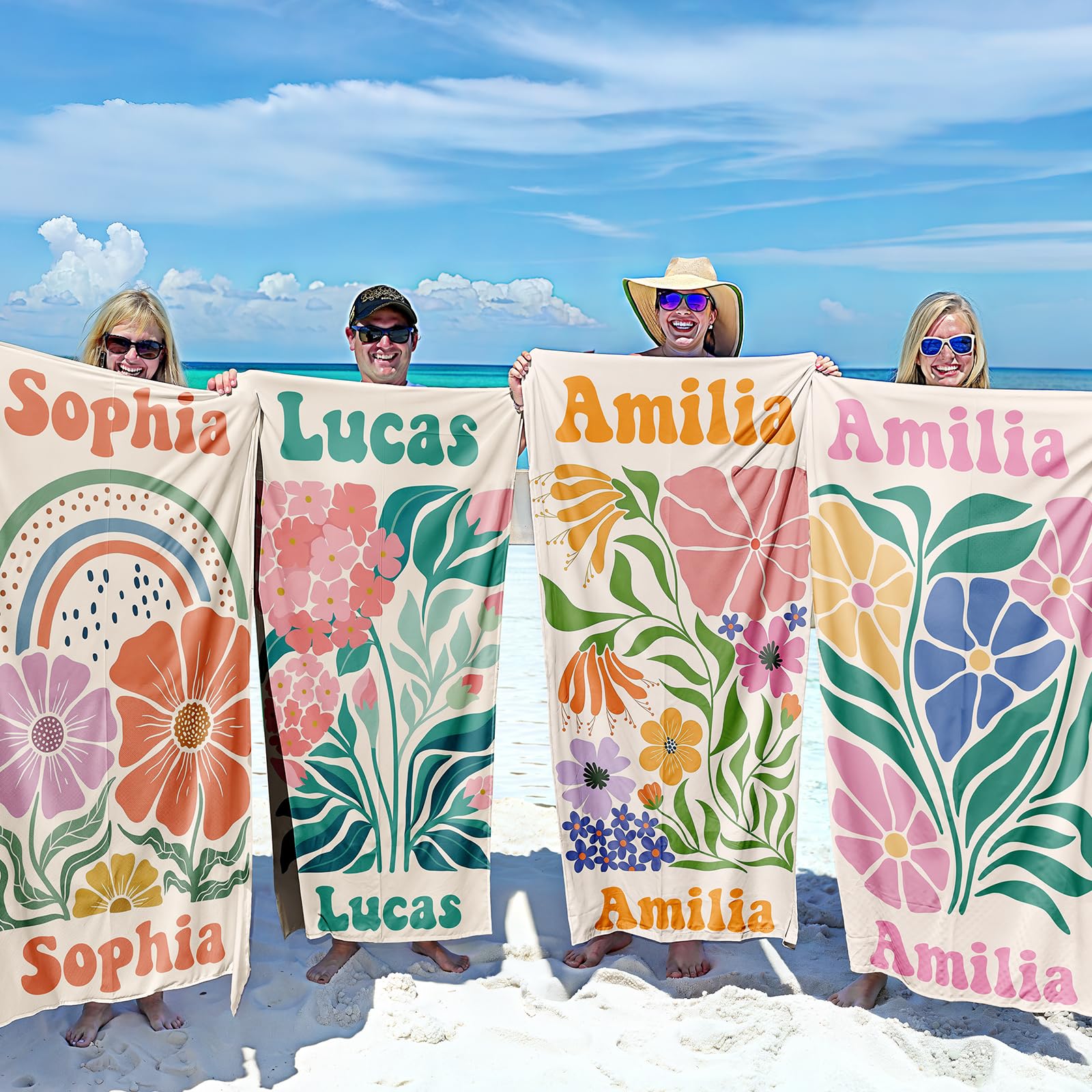 Loosusu Personalised Beach Towels for Kids,Custom Flower Beach Towels with Name for Mom Women Girls,Customised Quick Dry & Sand Free Pool/Swim Towel,Girls Trip Gifts(11 Colors)