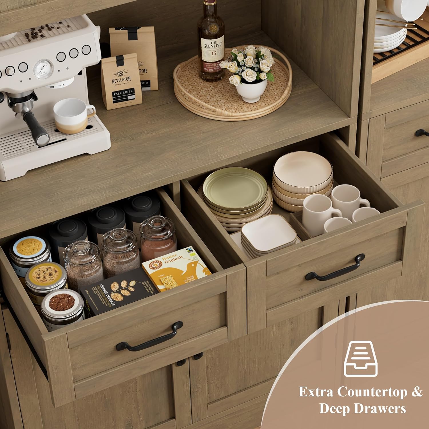 Close-up view of the deep drawers and internal storage of the HOSTACK cabinet