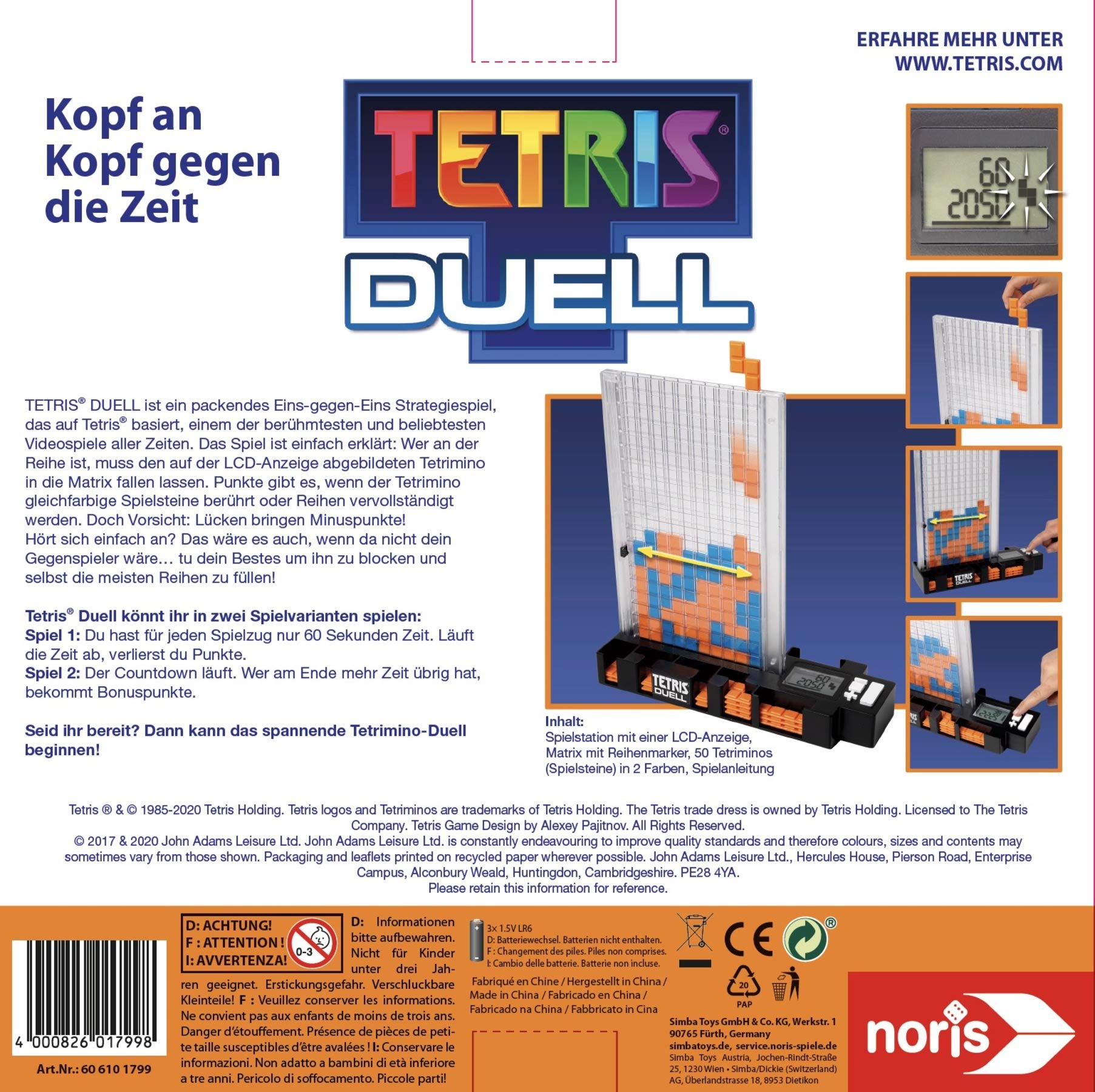 Noris 606101799 - Tetris Duell, il gioco di strategia uno contro uno per grandi e piccini, dai 6 anni in su