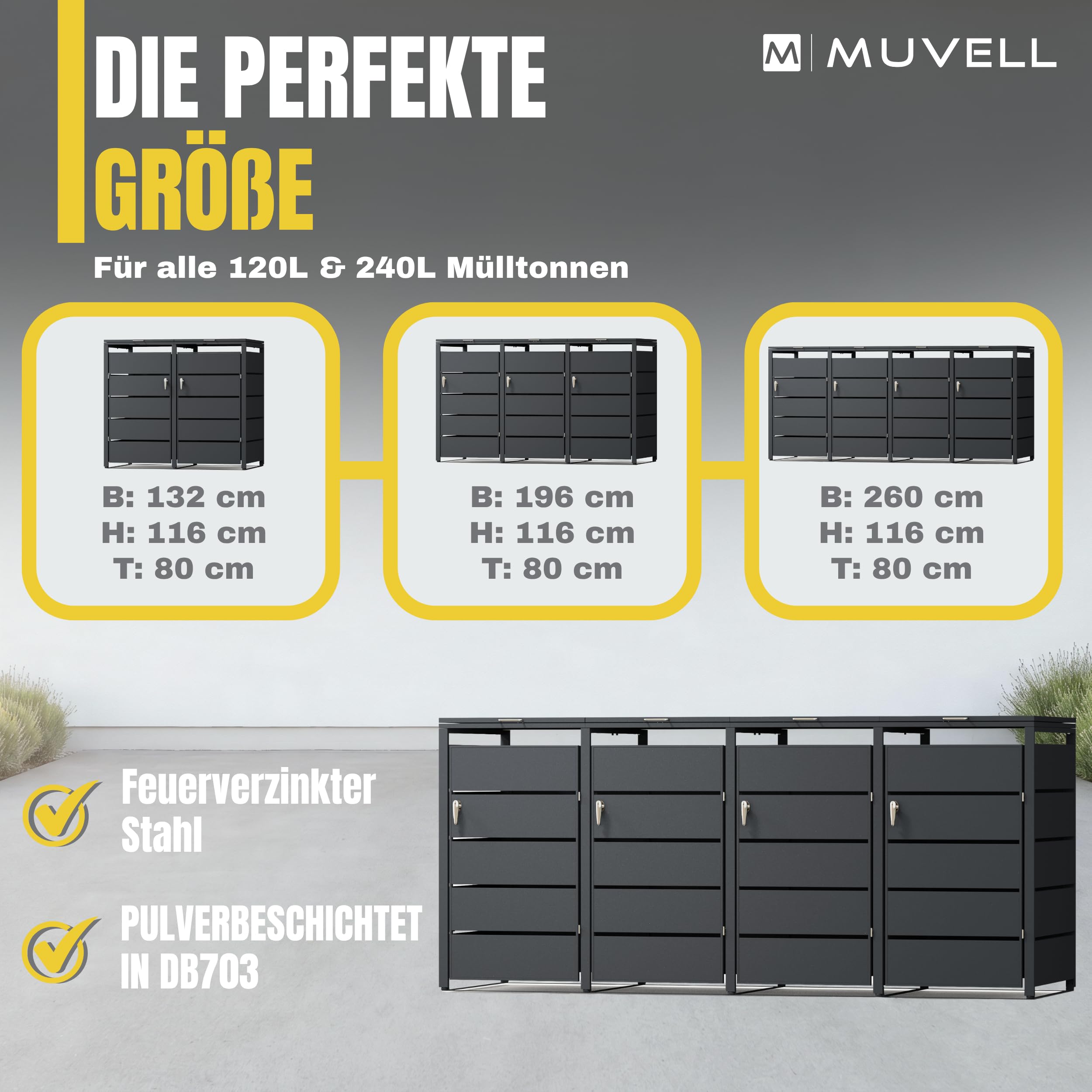 Mülltonnenbox 4er 240l & 120l Müllbox - 0,8 mm feuerverzinktes Metall - Eisenglimmer DB 703 Premiumfarbe Mülltonnenboxen - abschließbare wetterfest Mülltonnenverkleidung