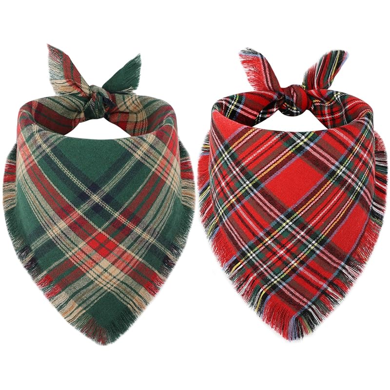 Bandana natalina para cães de algodão xadrez com franjas Vivifying, Pacote com 2, tamanho Grande