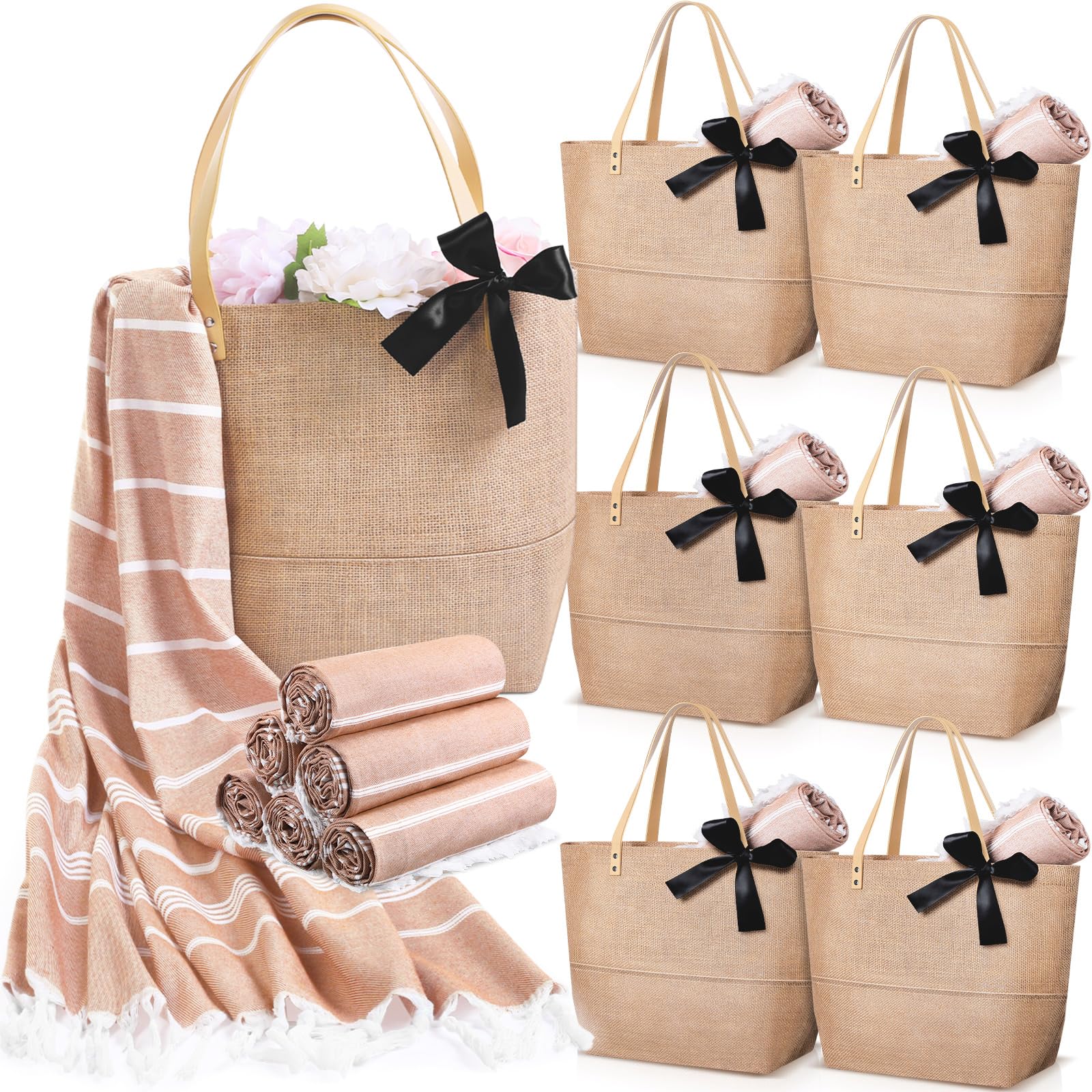 12 Pcs Straw Tote Beach Bag and Beach Towels Jute Burlap Tote Bags Travel Waterproof Handbag Bag with Pool Towels for Women Travel