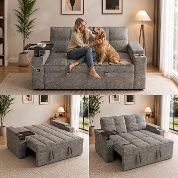 65" Sleeper Loveseat, Convertible Sofa Bed with Pull Out Couch, Gray