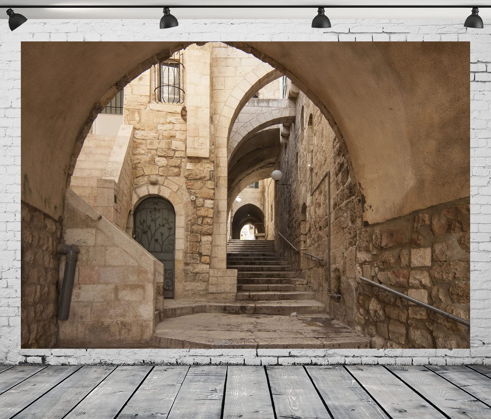 BELECO 10x8ft Fabric Jerusalem Old House Backdrop Jerusalem Old City Street Ancient Stone Wall Buildings Flowers Green Trees Israel Background Israel Travel Portrait Photoshoot Studio Props Wallpaper