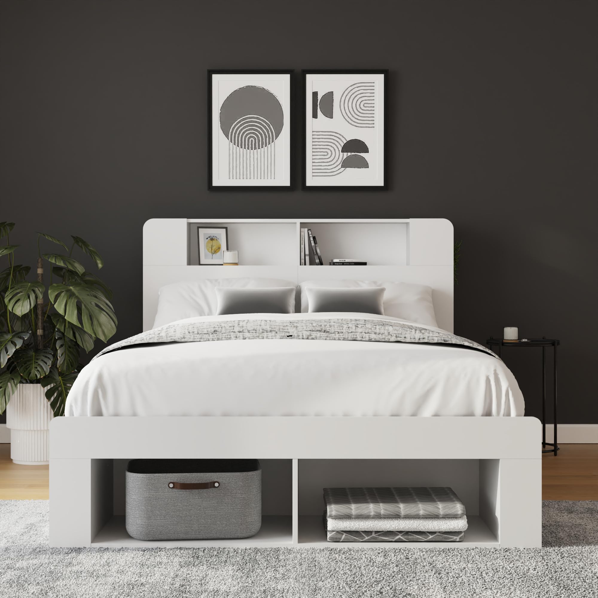 GFW Anya King Size White Ottoman Storage Bed, End Lift Storage Bed Frame with Headboard Shelves, Side Storage and Underbed Compartment