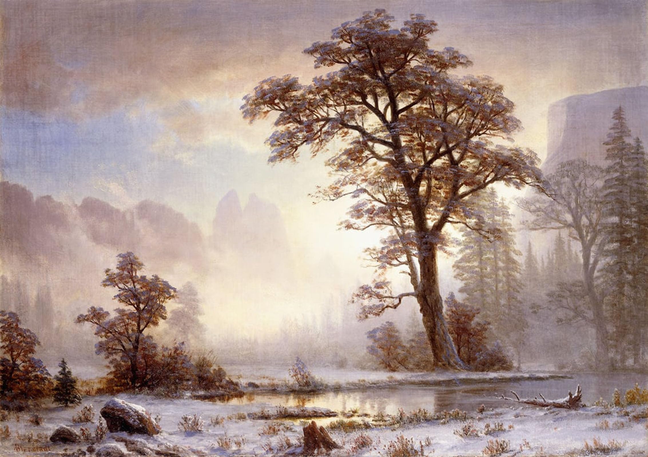 ARTXLXXBN Famous Painting Canvas Artwork Graffiti Print Valley of the Yosemite -Snow Fall by Albert Bierstadt Portrait Canvas Image for Home Decor 60x90cm