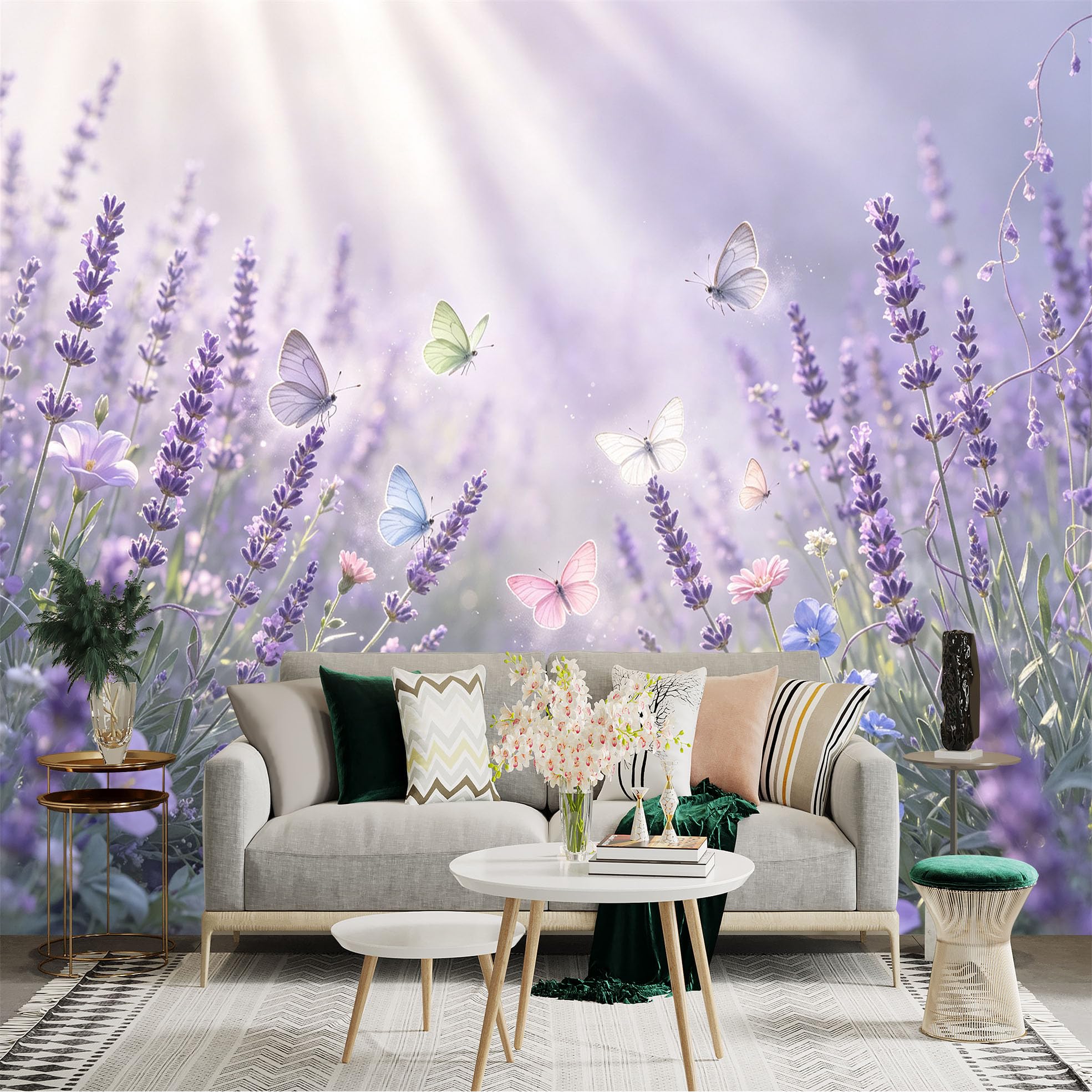 Lnzczhyre Bh260719599 Custom Size Wall Sticker Mural， Dreamy Lavender Fields， Flying Colorful Butterflies， Soft Sunbeams， Floral Meadow Scenery， For Wall Decoration， Peelandstick Wall Decals.