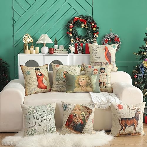 Miniatura 3 de Funda de almohada rústica de Navidad de 18 x 18 pulgadas para sofá, decoración retro de vacaciones, decoración de casa de campo de Navidad para