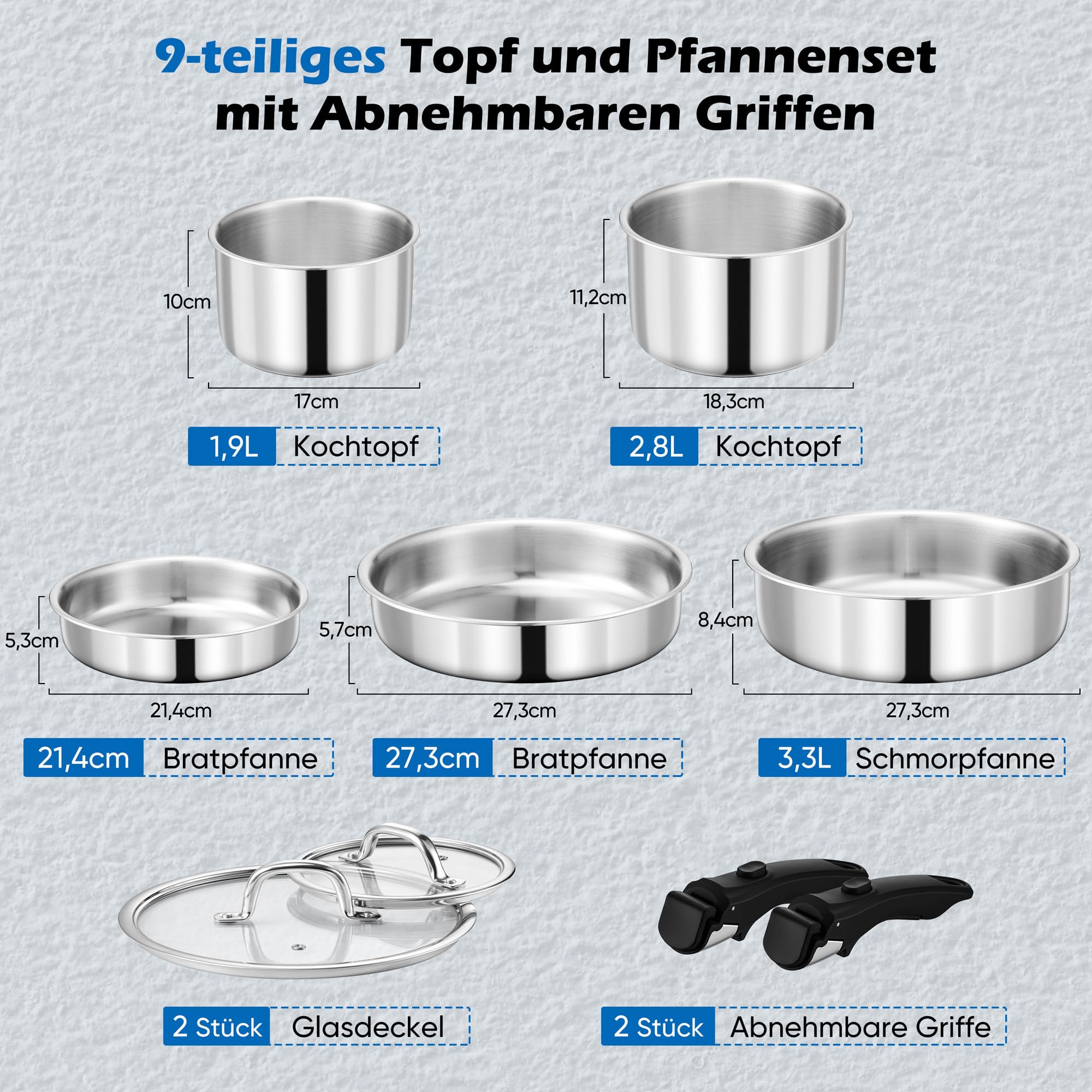 Joyfair Set de ollas, 9 piezas de ollas de acero inoxidable con mango desmontable, juego de sartenes apto para inducción con sartén, olla, olla de cocción lenta y tapa, para todo tipo de cocinas, apto