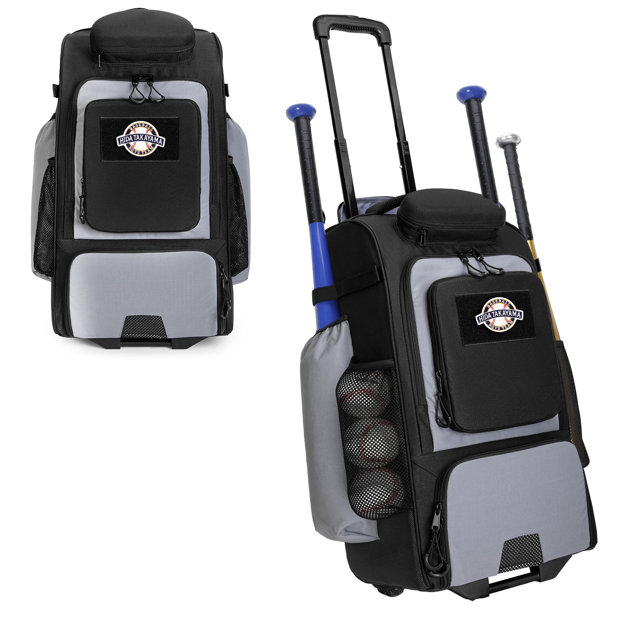 GOBUROS Baseball Rucksack mit Rollen, Softball-Ausrüstungstasche für 4 Schläger, Rollrucksack mit Schuhfach und Mehreren Taschen für Baseball Ausrüstung und Zaunhaken