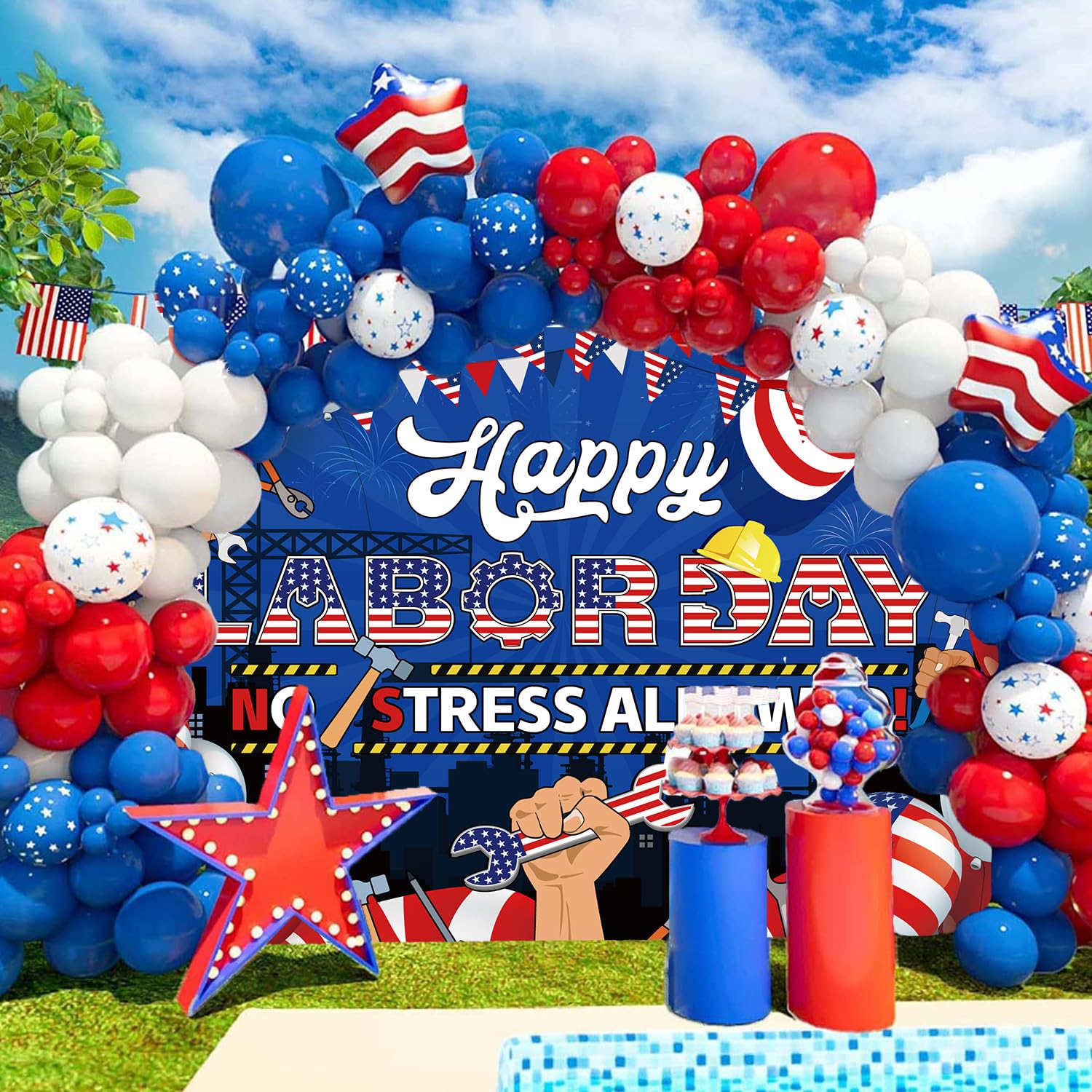 Labor Day Dekoration Set – Mit Banner, Luftballons & Tortenaufsätzen In Rot-weiß-blau