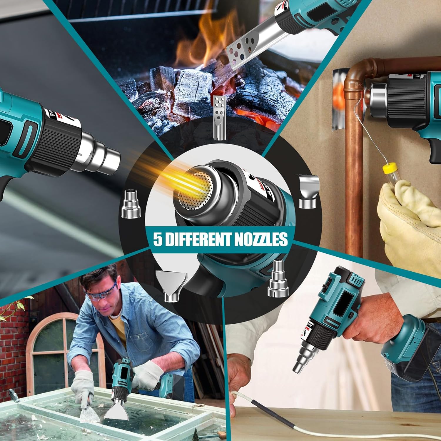 Decaper térmico inalámbrico para batería Makita 18V, 600W 50℃-550 ℃ Decaper térmico AVCE 5 Bocas de ventilación, 6 velocidades de viento, pantalla de temperatura LED, para manualidades, tubos