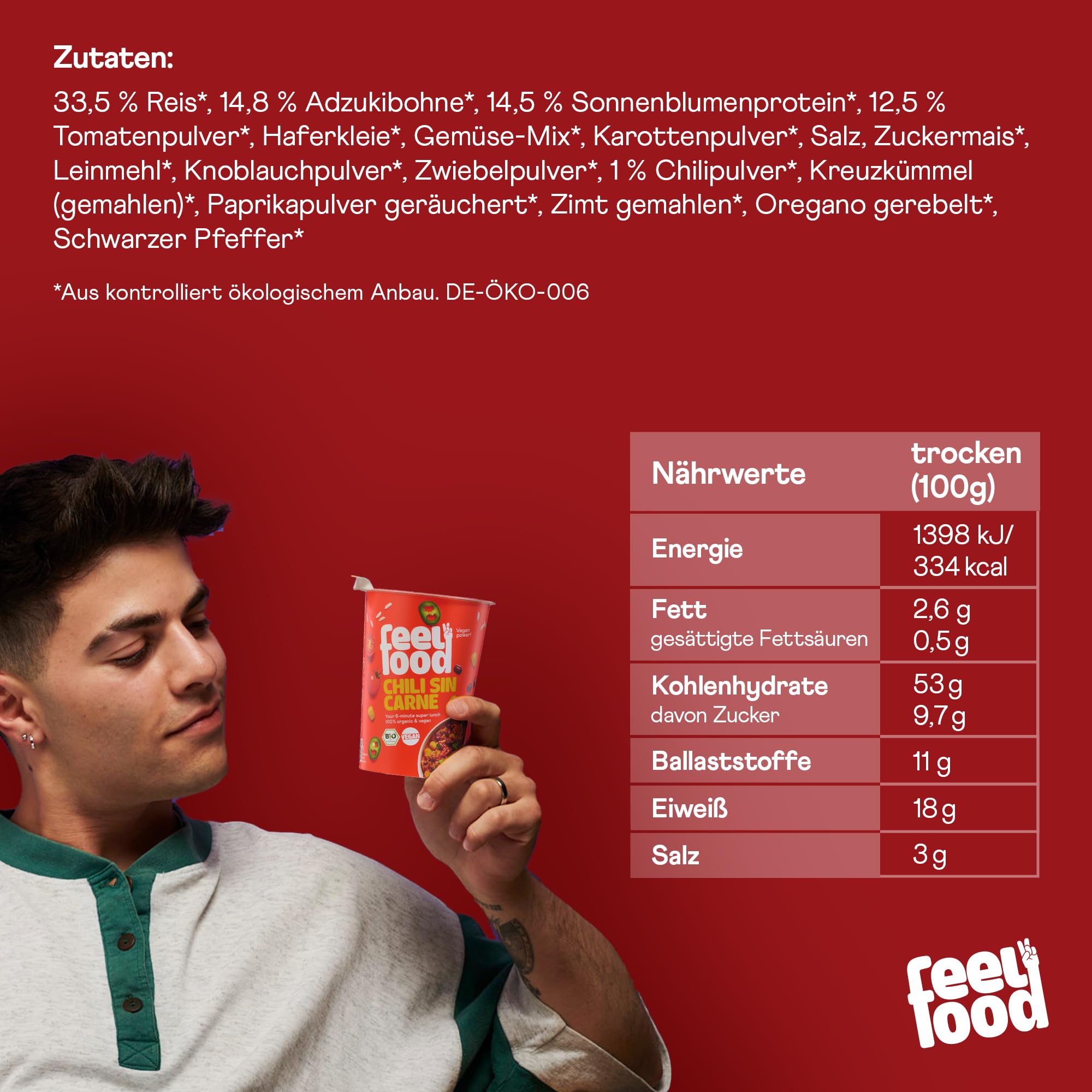 Feel Food – BIO Instant Lunch Chili Sin Carne vegan 8er Probierpaket – Fertiggericht mit Sonnenblumenprotein-Geschnetzeltem, Reis, Bohnen, Mais etc. – Schnell & sättigend – Ohne Konservierungsstoffe