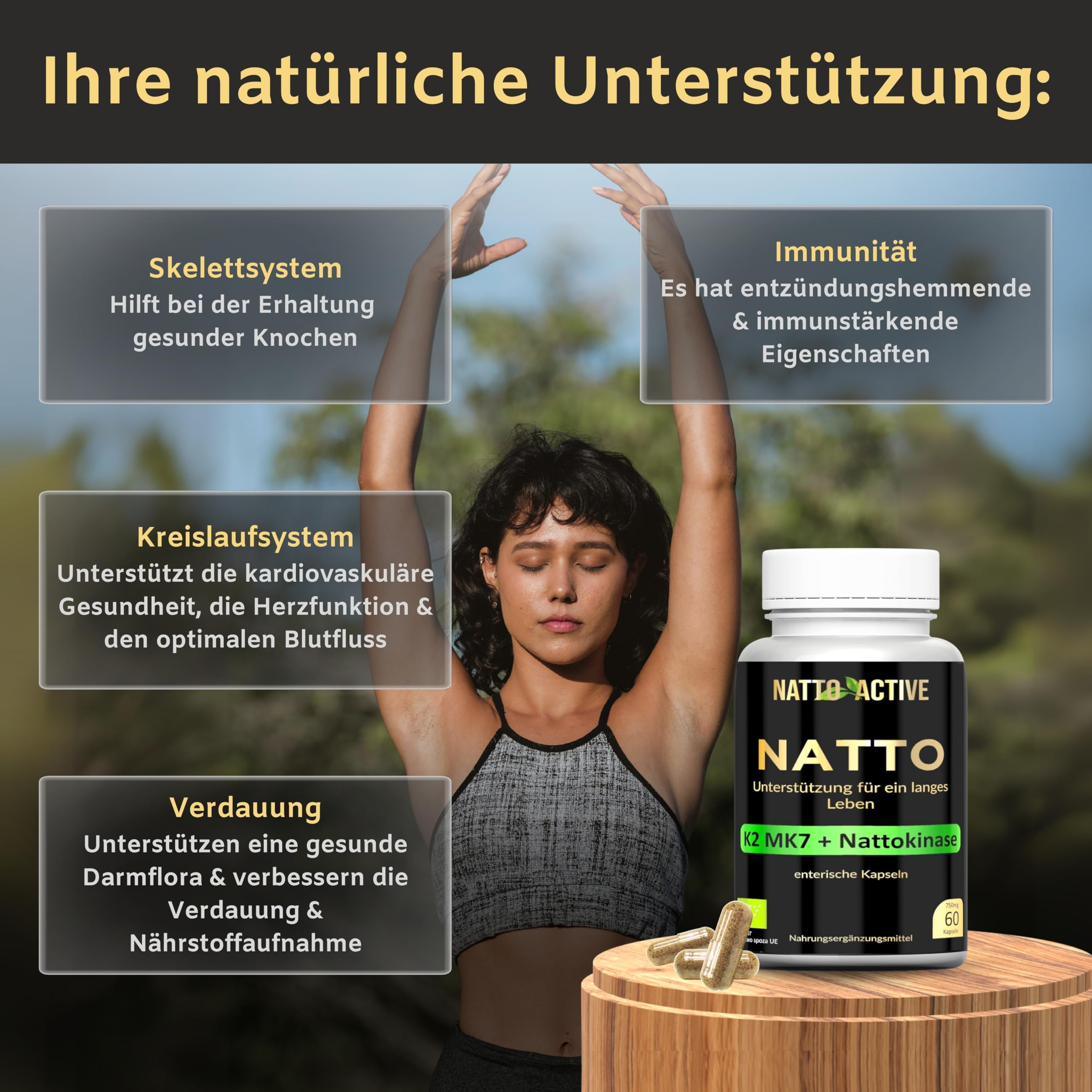 Nattokinase Hochdosiert Bio (20.000 FU/g) mit Bromelain 500mg | Kurkumin 300 mg, Astaxanthin 16mg, Vitamin K2 MK-7 & Piperin, 6 Inhaltsstoffe in 1 Kapseln - Nattokinase Kapseln 60