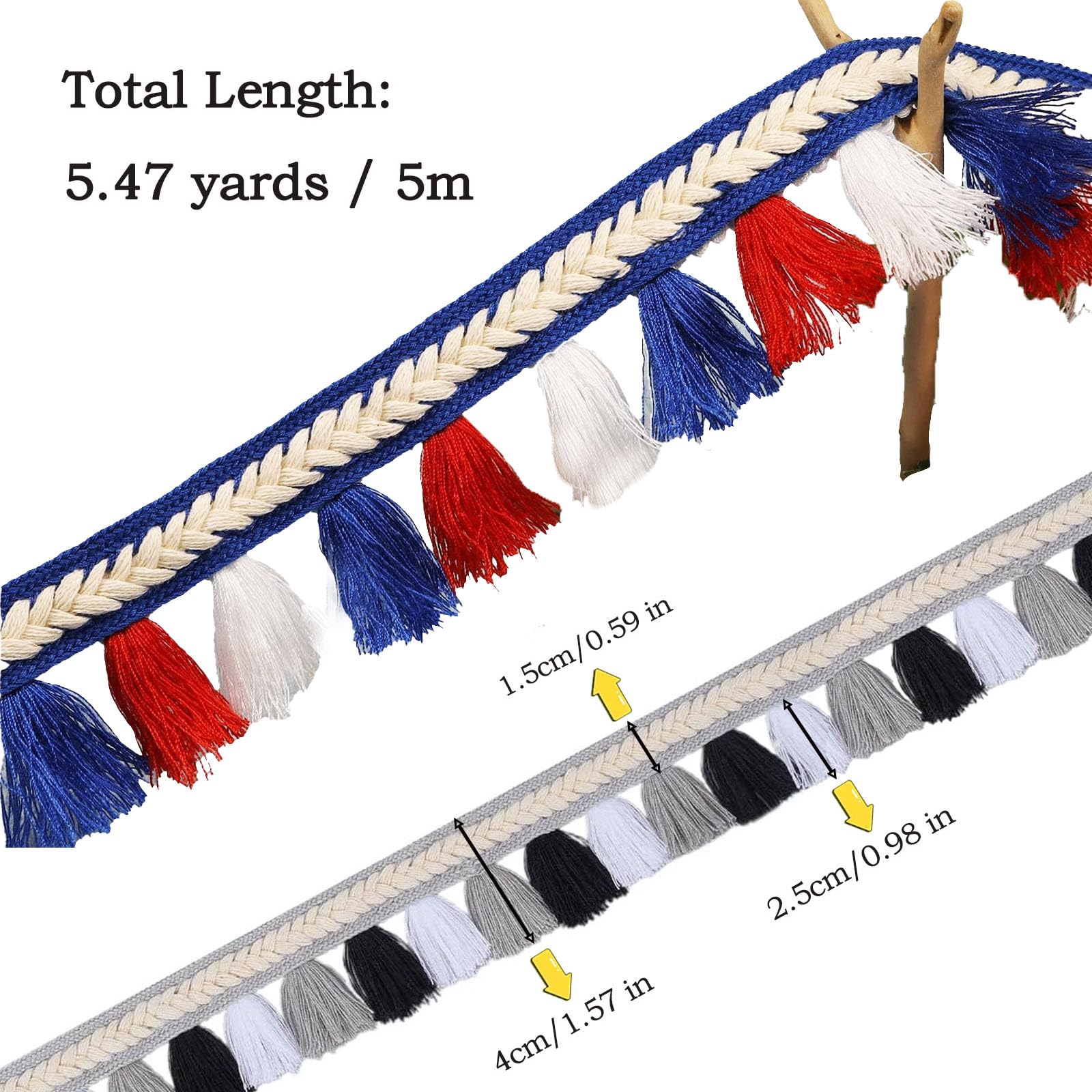 Vintage Cotton Fringe Tassels Trim - 5 Yards 40mm Wide Boho Decoration For Sewing & Crafts Blue - View #8