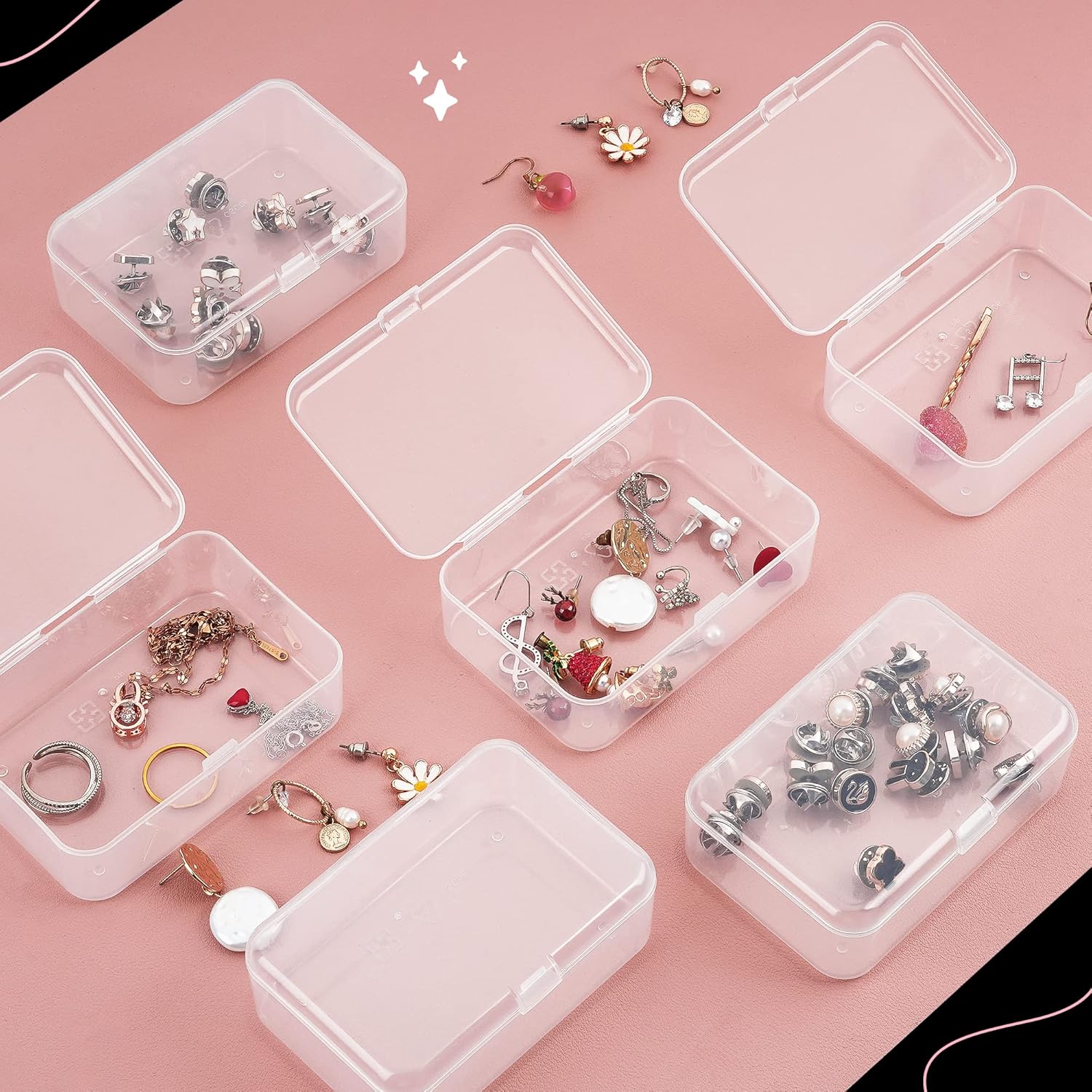 6 Packs Small Plastic Storage Containers, Clear Rectangle Bead Organizer Case with Lids for Crayons, Crafts, Bobby Pin Holder(3.7x 2.4in)