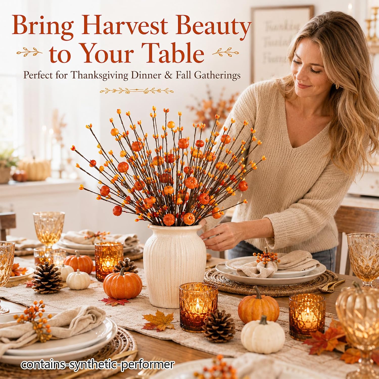 RAINFLOW 3PCS Thanksgiving Fall Floral Stems with Mini Pumpkins & Berries image 4
