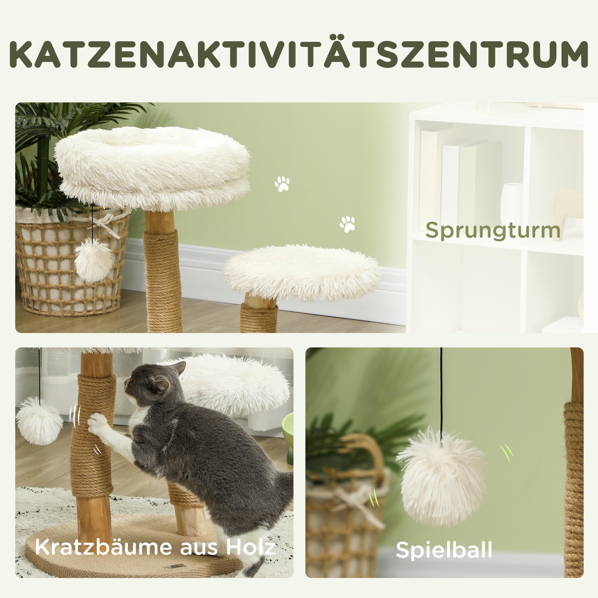 PawHut Drapak dla kota o wysokości 61,5 cm z piłką do zabawy, łóżkiem, wieża dla kota z deską do drapania dla kotów, dla kotów poniżej 5 kg, drewno gruszki, biały