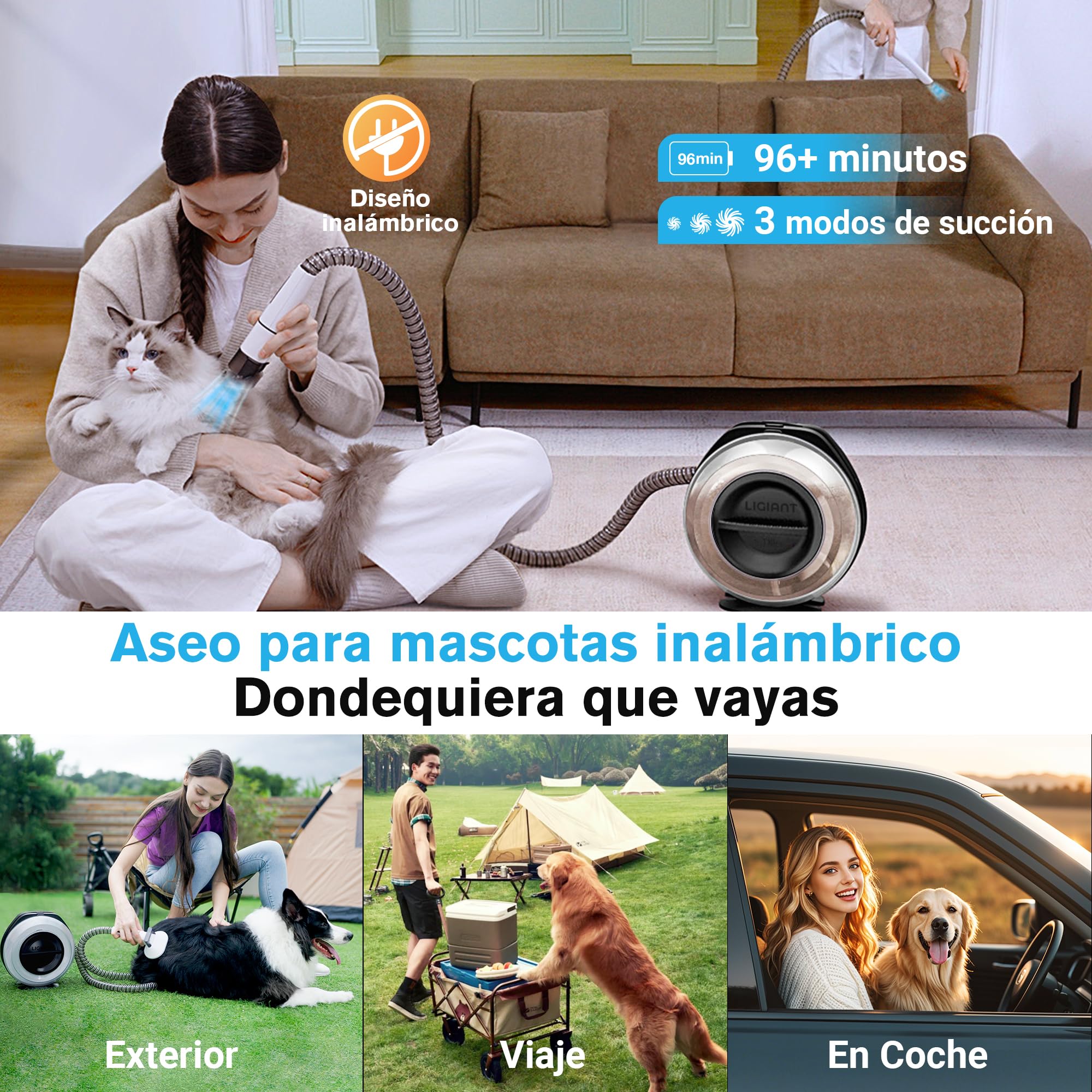 LIGIANT T10 Pro Aspira peli Cane &Gatto domésticocon Cepillo, Kit Aseo 7en1 Multifunción, Cortaúñas, Lima, Cepillo, Bajo Ruido, Depósito Grande 2,2L, Ideal para el Pelo en Casa, el Coche y Exteriores