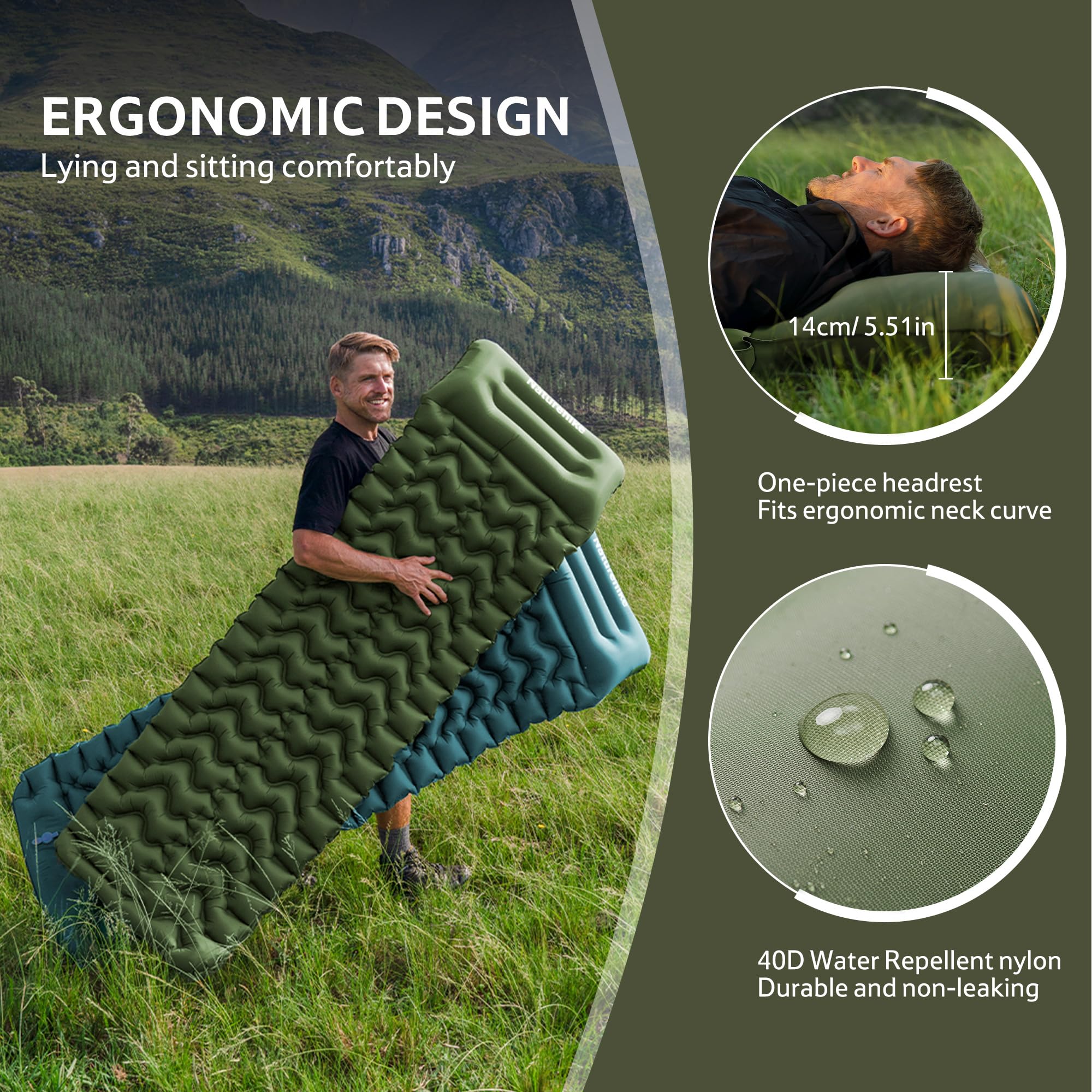 Naturehike Colchoneta de dormir para camping, ultraligera con almohada integrada con bomba de pie