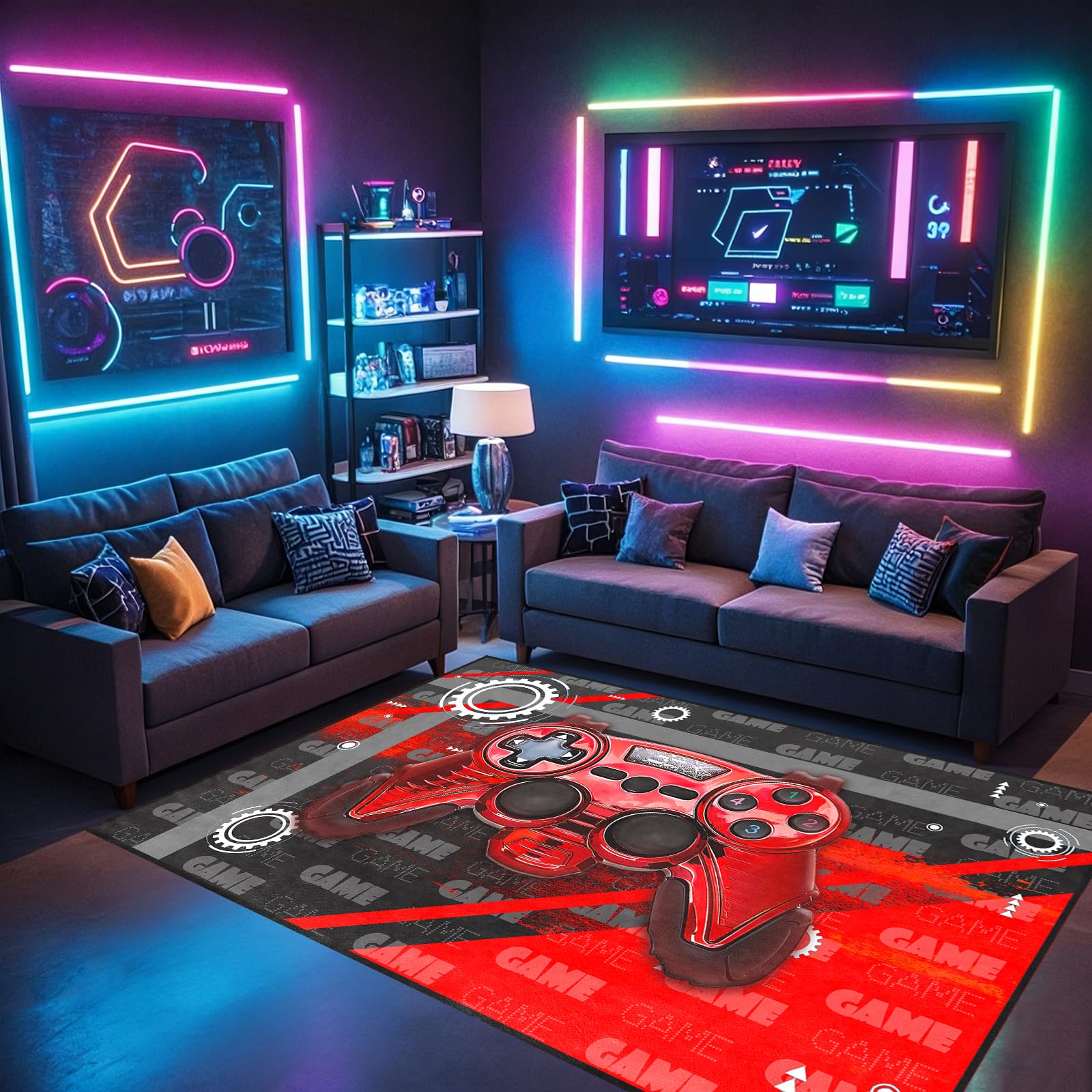 Grande tappeto per ragazzi con gamepad 3D rosso, grande tappeto per camera da letto, cameretta dei bambini, controller di gioco, videogiochi, tappetino nero per soggiorno, decorazione per la casa,