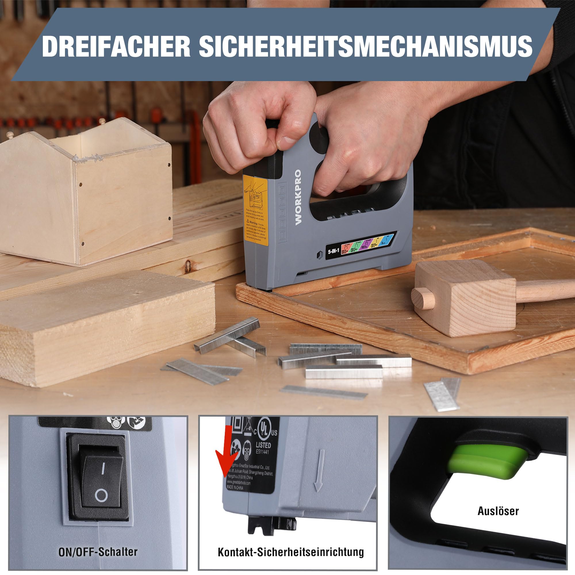 WORKPRO 5-in-1 Elektrotacker 3,6V, Akku Tacker Nagelpistole mit 2000mAh Batterie, Heavy Duty Elektronagle für JT21,T50,T20,BN18,PIN inkl. 2000 Klammern & Nägel, Ideal für Dekoration, Möbelbau