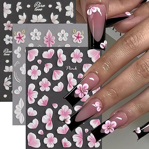 3 Sheets 5D Embossed Flowers Nail Art Stickers Self-Adhesive Pink