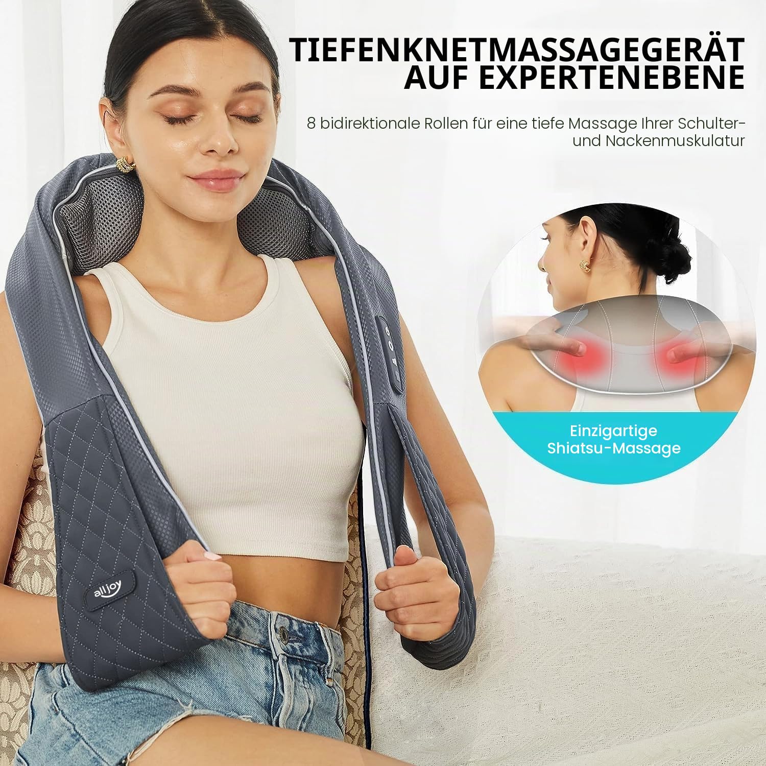 Kabelloses Nackenmassagegerät mit Wärmefunktion, ALLJOY Shiatsu Massagegerät it 3D-Massage von tiefem Gewebe, Tragbar Schulter Massagegerät, Weihnachtsgeschenke für Frauen, Männer