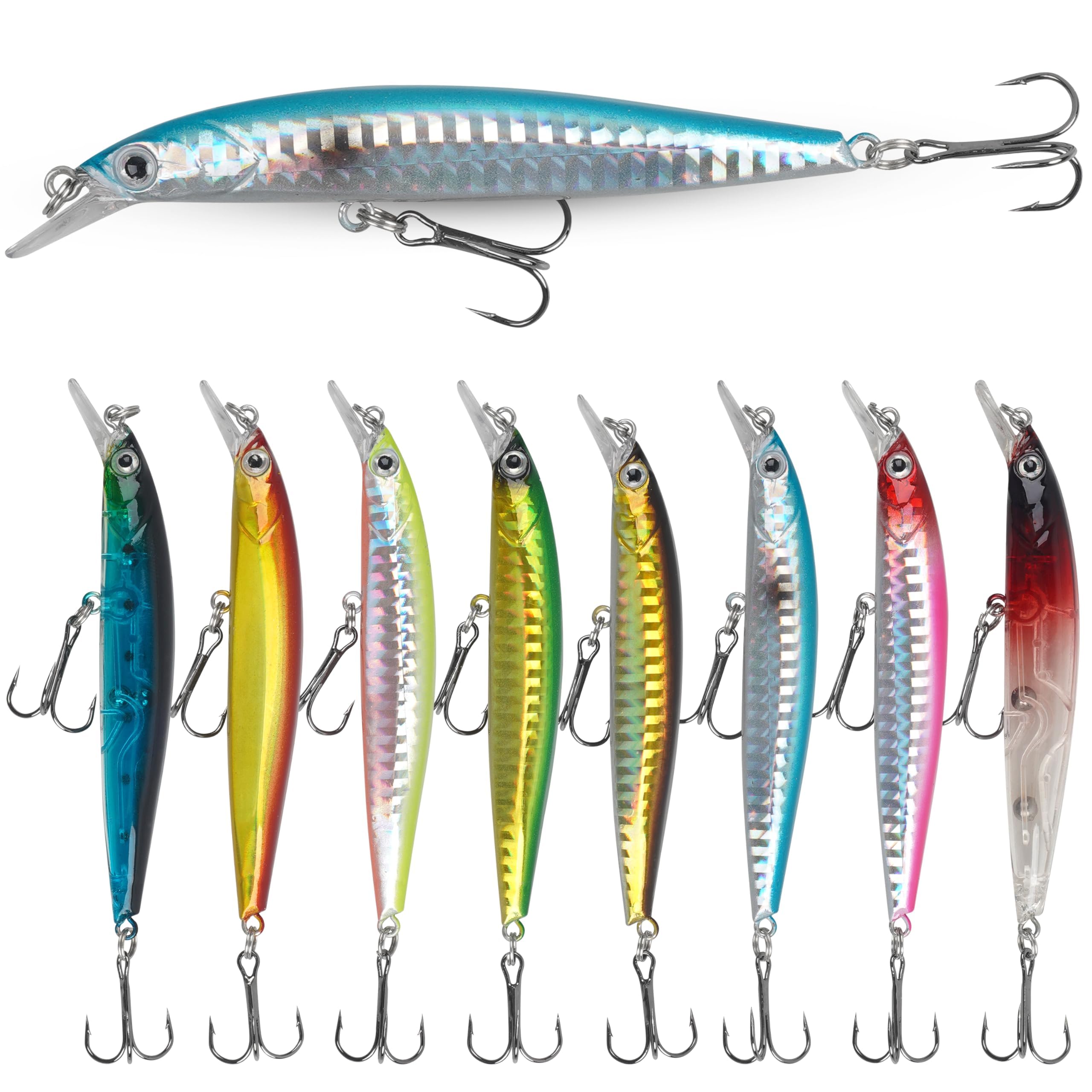 Fishing Lures Kit Crankbait Minnow Hard Bait Set, 8pcs Topwater Bass Lure Deep Diving Jerkbait Swimbait Popper Pencil Artificial Bait for Bass Trout Redfish Saltwater Freshwater Fishing