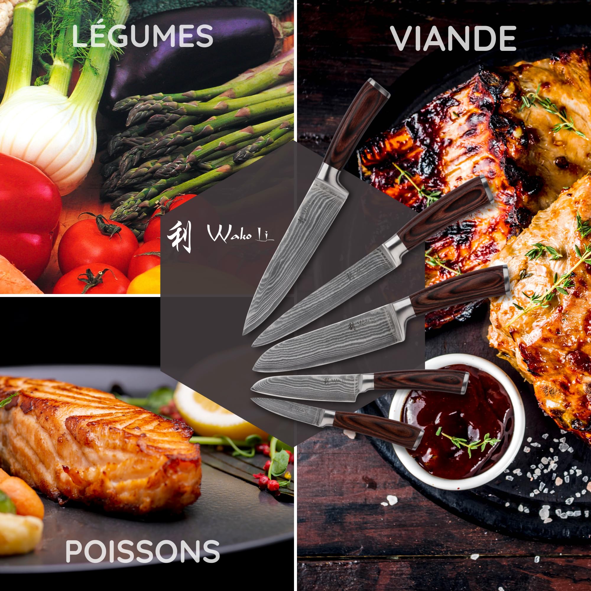 WAKOLI EDIB juego de cuchillos de cocina de 5 piezas con bloque magnético, acero de damasco con núcleo VG10, hojas de 8,5 a 20 cm, chef, Santoku, carne, Santoku pequeño y cuchillo de oficio