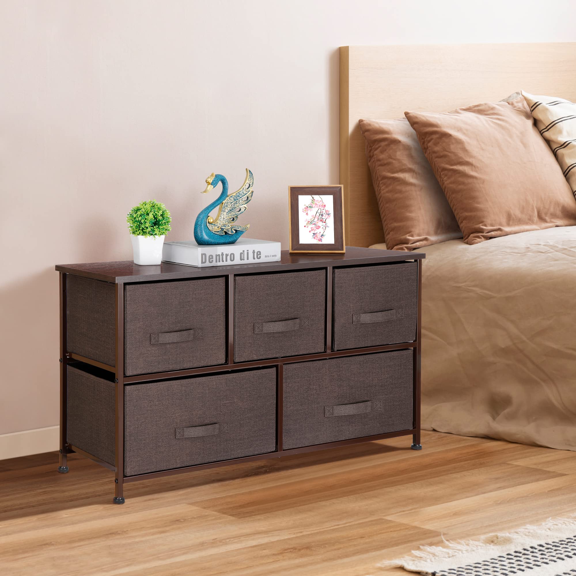 ZENY Extra Wide Dresser Storage Tower - Storage Tower Unit for Bedroom, Hallway, Closet, Office Organization - Steel Frame, Wood Top, Easy Pull Fabric Bins - 5 Drawers