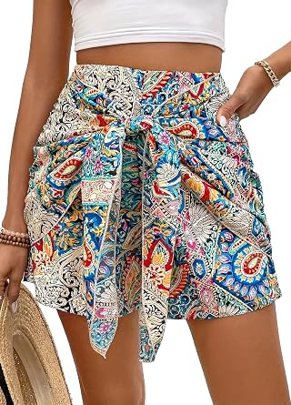 Womens Wrap Front Knot Boho Shorts Floral Print Ruffle High-Waisted Zipper Shorts