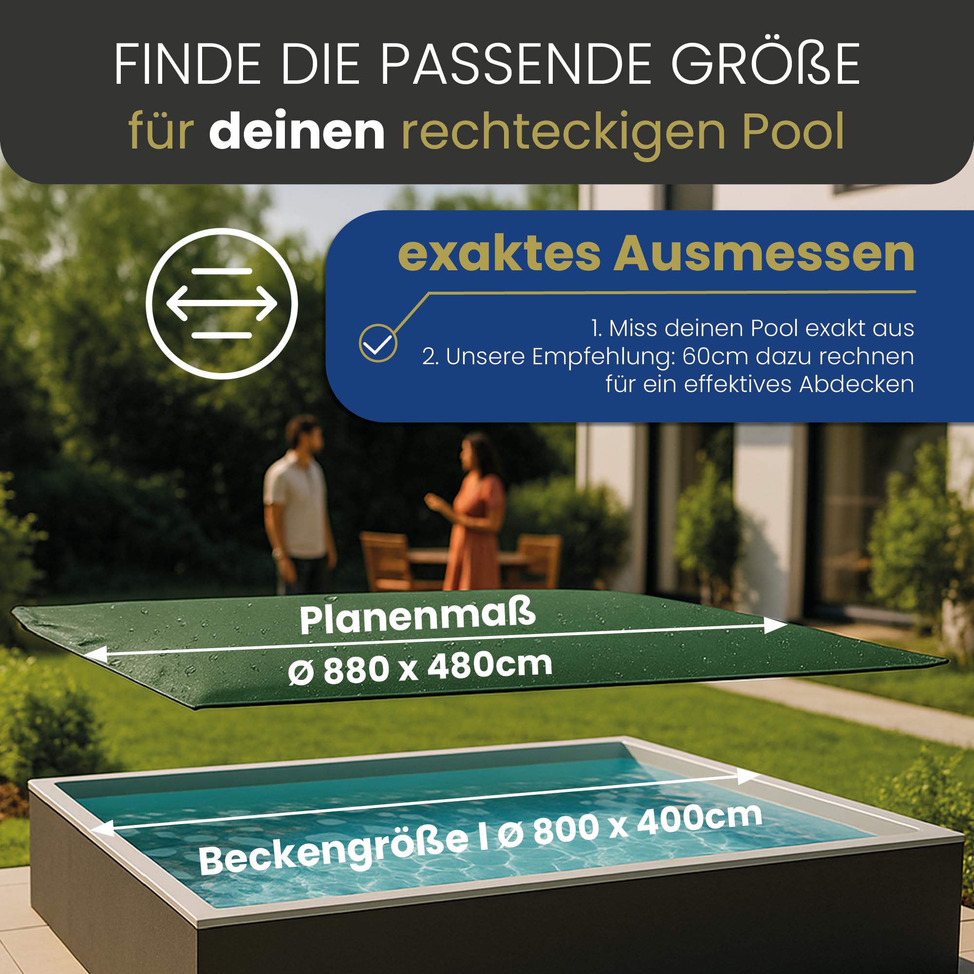 HAF - Poolabdeckung Rechteckig für Pools 800x400 cm (Planenmaß 880x480 cm) – Winterfeste Abdeckplane zur Poolabdeckung im Sommer und Winter – Poolplane (Winterabdeckung) aus wasserdichtem PE 180g/m²