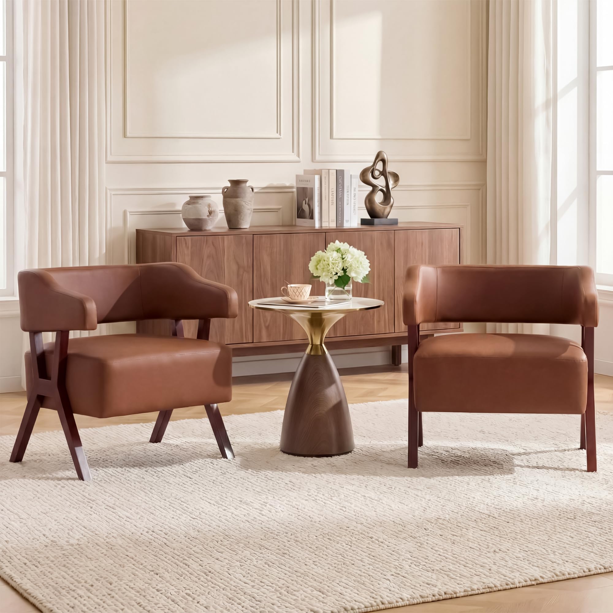 STHOUYN Leather Accent Chairs, Barrel Chair with Solid Wood Frame, Mid-Century Modern Wooden Armchair with Wraparound Back, Comfy Office Reading Chair for Living Room, Bedroom (2, Brown)