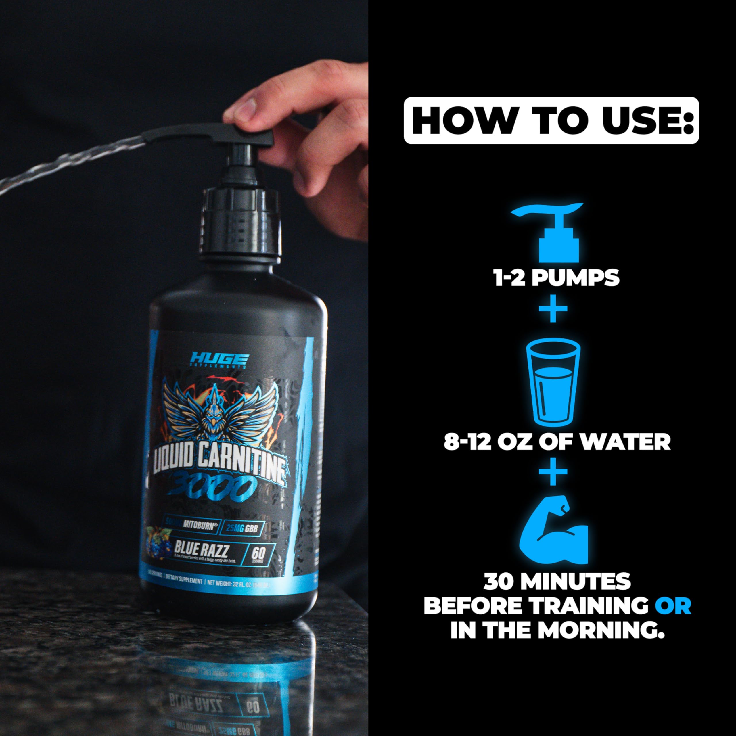 Huge Supplements Liquid L-Carnitine 3000, Superior Potency Infused with 500mg MitoBurn & 25mg GBB, Premium Stim-Free & Energy Boost, Convenient Pump Top, 32 Oz (60 Servings) — Amazon image 7