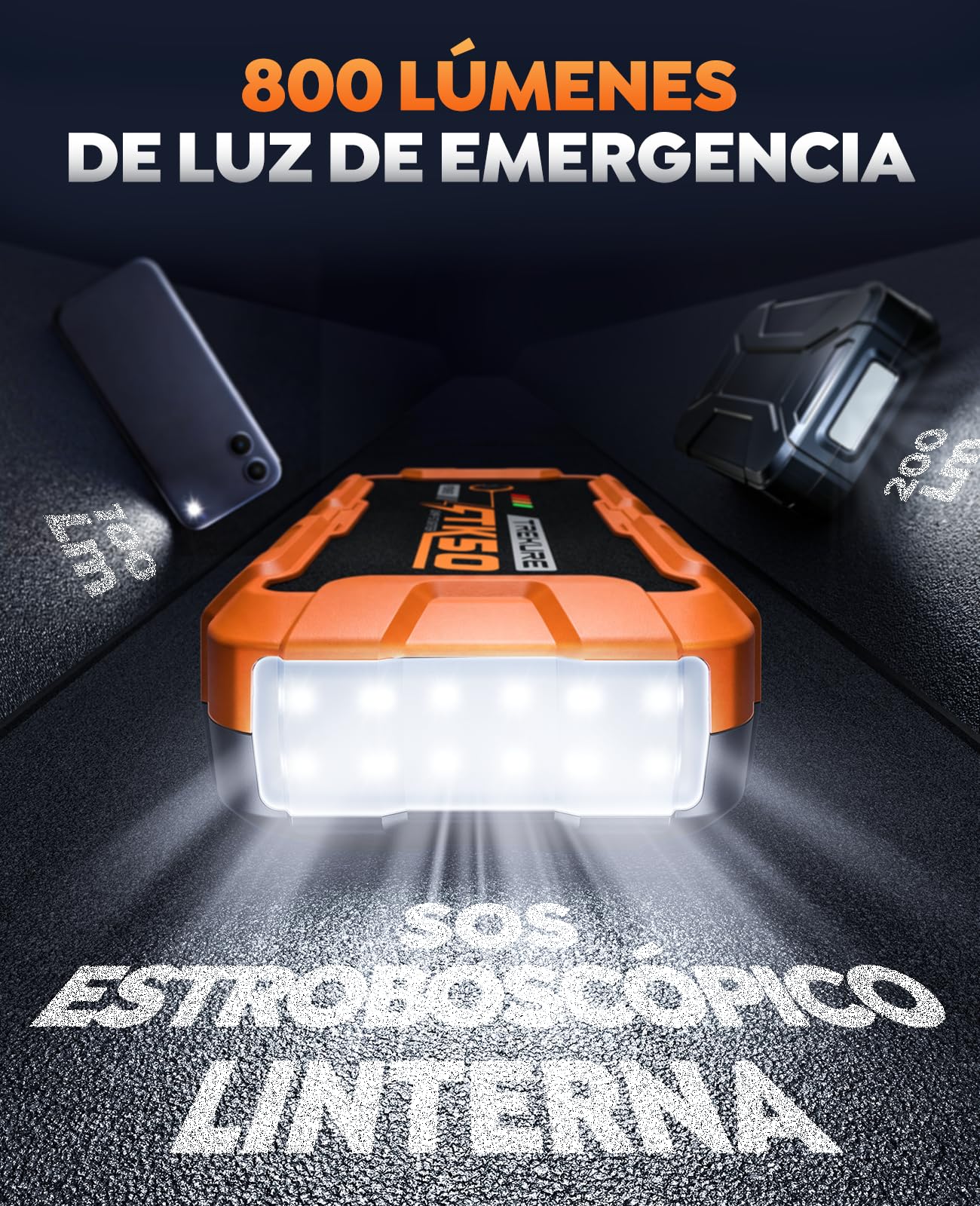 TREKURE Arrancador de Baterias de Coche 9000A (12L Diésel y Todo Gasolina), Arrancador de Coches Portátil con 18W Carga Rápida, 12V Jump Starter con Pinzas Reforzadas y 800 LM Linterna LED
