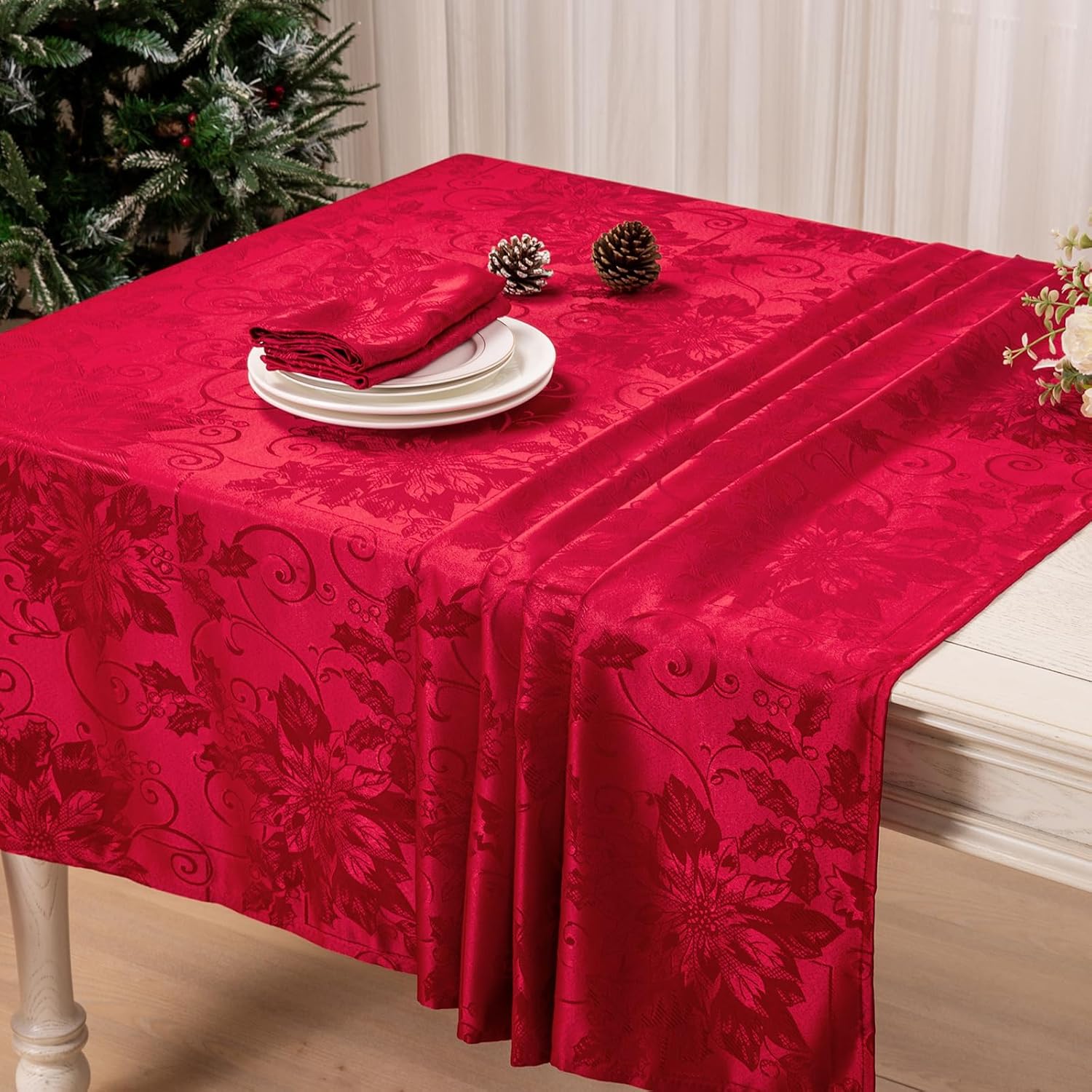 Mebakuk Christmas Jacquard Tablecloth Waterproof Elegant Damask Floral Pattern Table Cloth, Heavy Weight Wipeable Wrinkle Free Fabric Table Covers for Dinner or Daily Uses (Red, 52 x 70 Inch) - Image 4