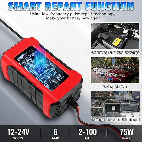 Miniatura 3 de Cargador de batería de 6 amperios, cargador automático de coche inteligente de 12 V 24 V, cargador de mantenimiento de batería y desulfatador de