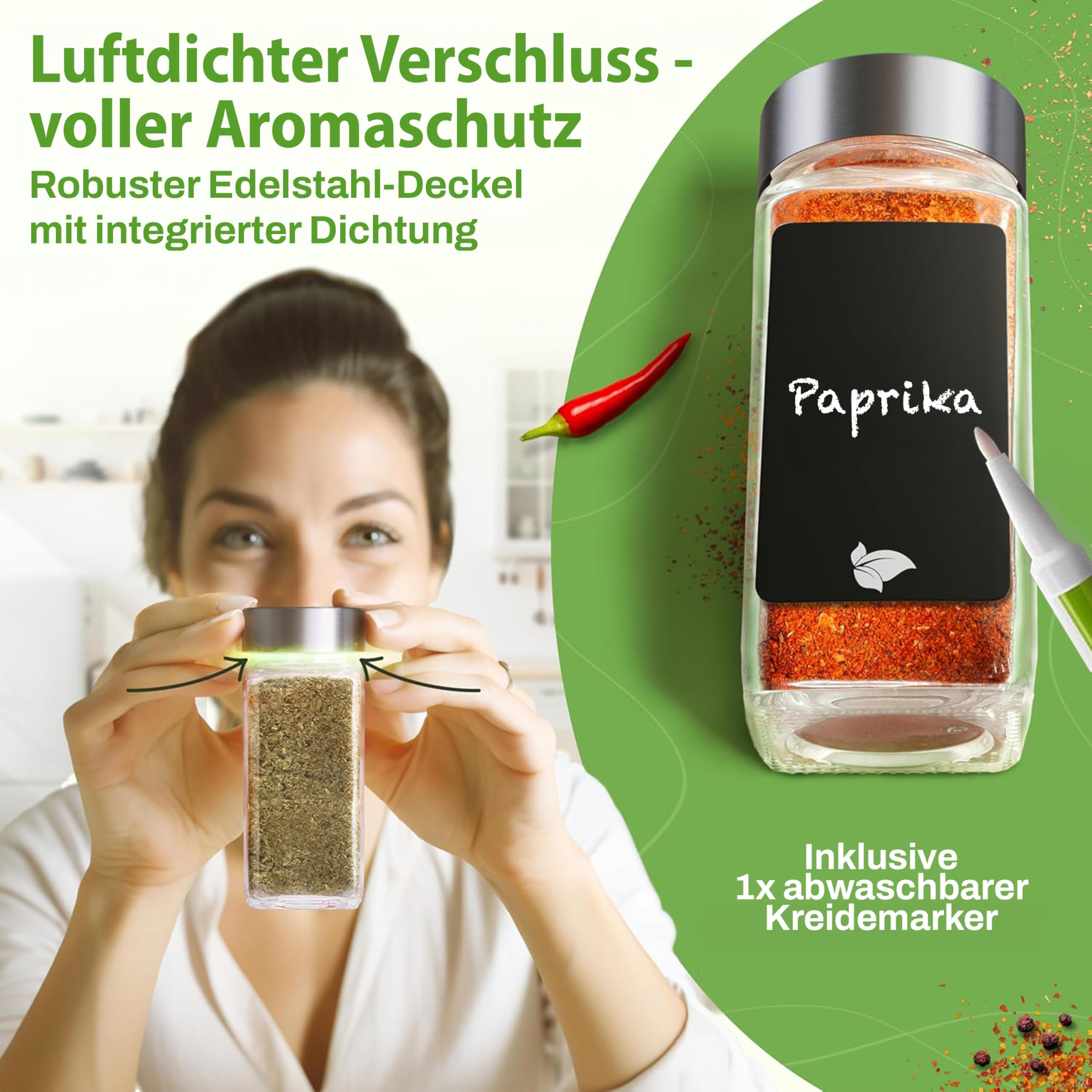 LAEVU Gewürzgläser eckig Edelstahl | 24 Stk. à 120 ml – 10,5 x 4,5 cm | Gewürzstreuer Set für mehr Ordnung in deiner Küche | Gewürz Organizer Komplettset mit viel Zubehör