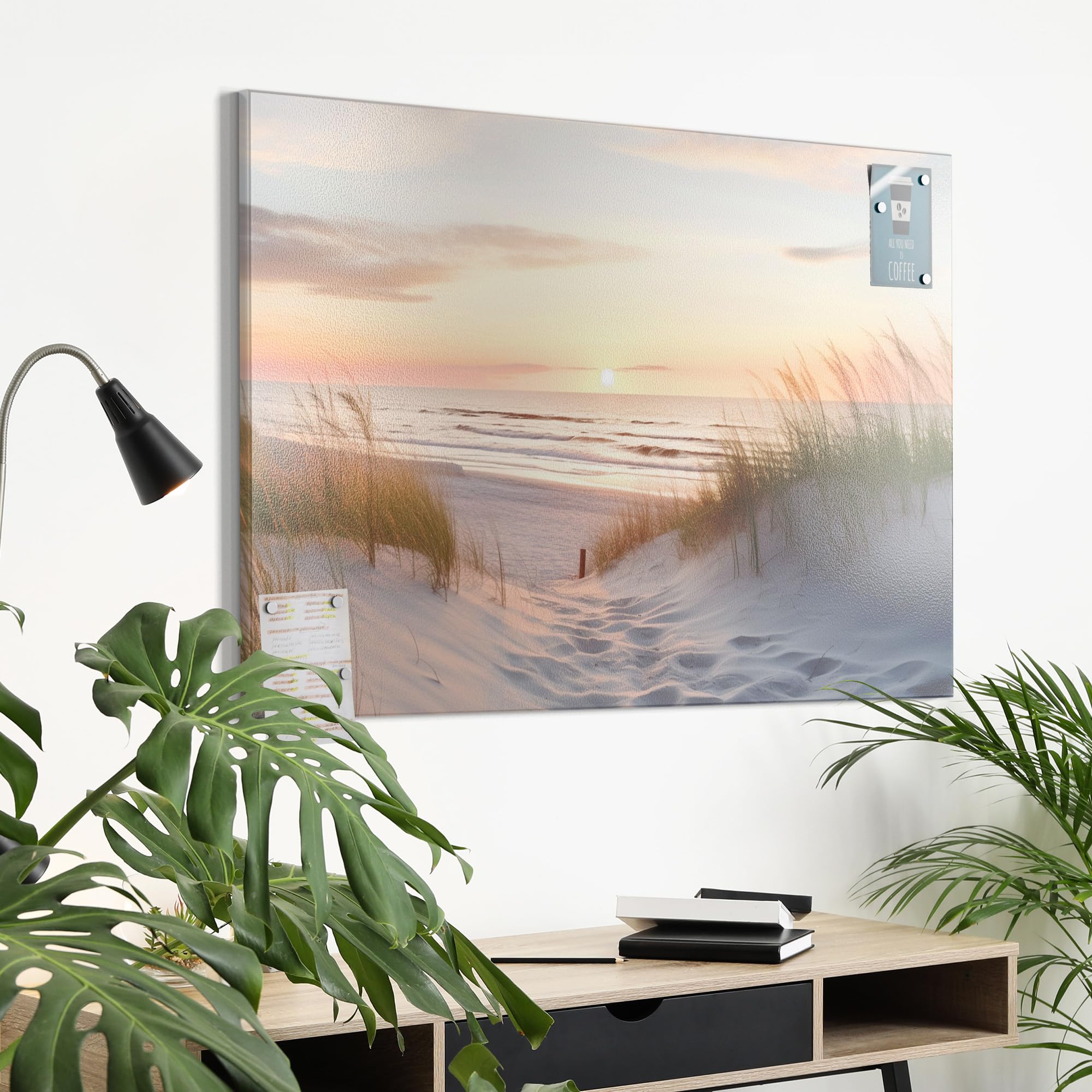 DEQORI Metalowa tablica magnetyczna | wymiary 90 x 60 cm | motyw "Wieczór odpoczynku na plaży" | tablica suchościeralna na wszystkich magnesach | tablica magnetyczna do kuchni i biura | designerska