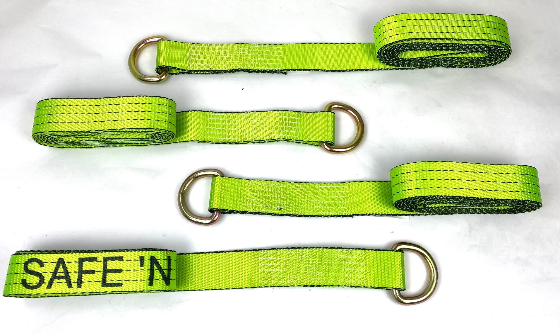 4 Pack of 2 x 10' Hi-VIZ Green TECNIC Webbing Lasso Straps with Wire D-Rings