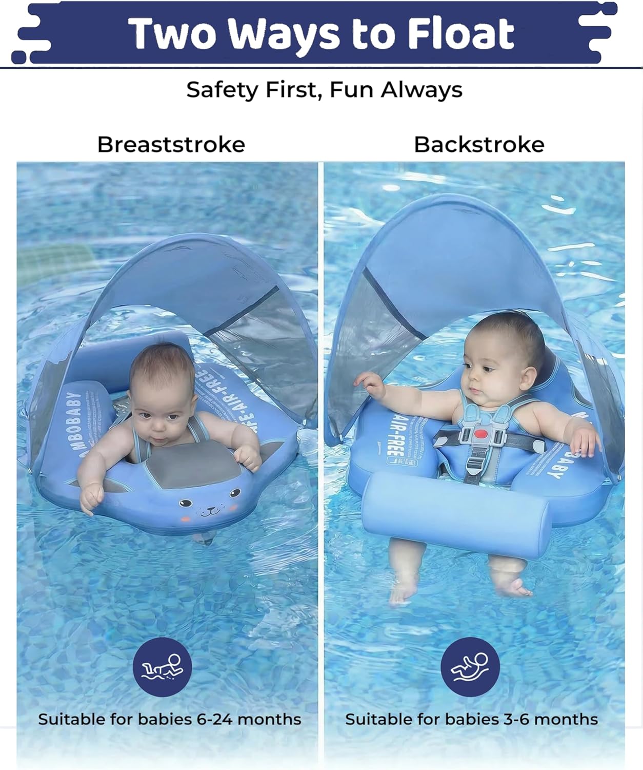 Mambobaby Swimming Float,Baby Swim Float with Canopy,Upgrade Non-Inflatable Solid Baby Float,UPF 50+ Removable Sun Canopy,Soft Skin-Friendly Fabric Material for Toddler Boys Girls 3-24 Months