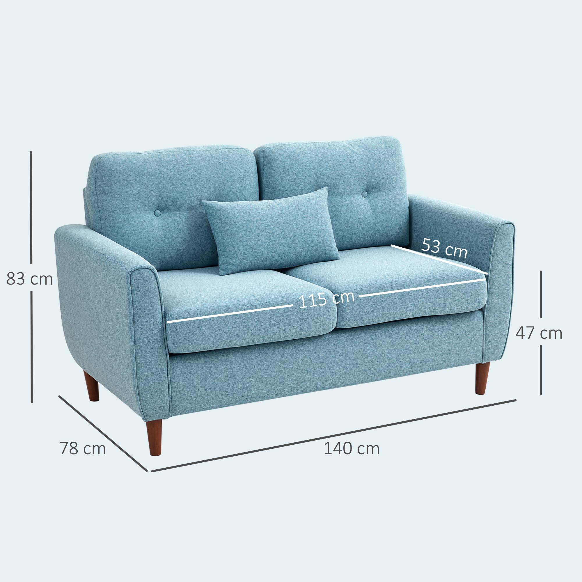 HOMCOM Sofá de 2 Plazas Tapizado en Lino de Salón 140x78x83 cm Azul Claro | Moderno con Reposabrazos, Patas de Madera, Cojín Decorativo con Funda Lavable, Dormitorio, Oficina